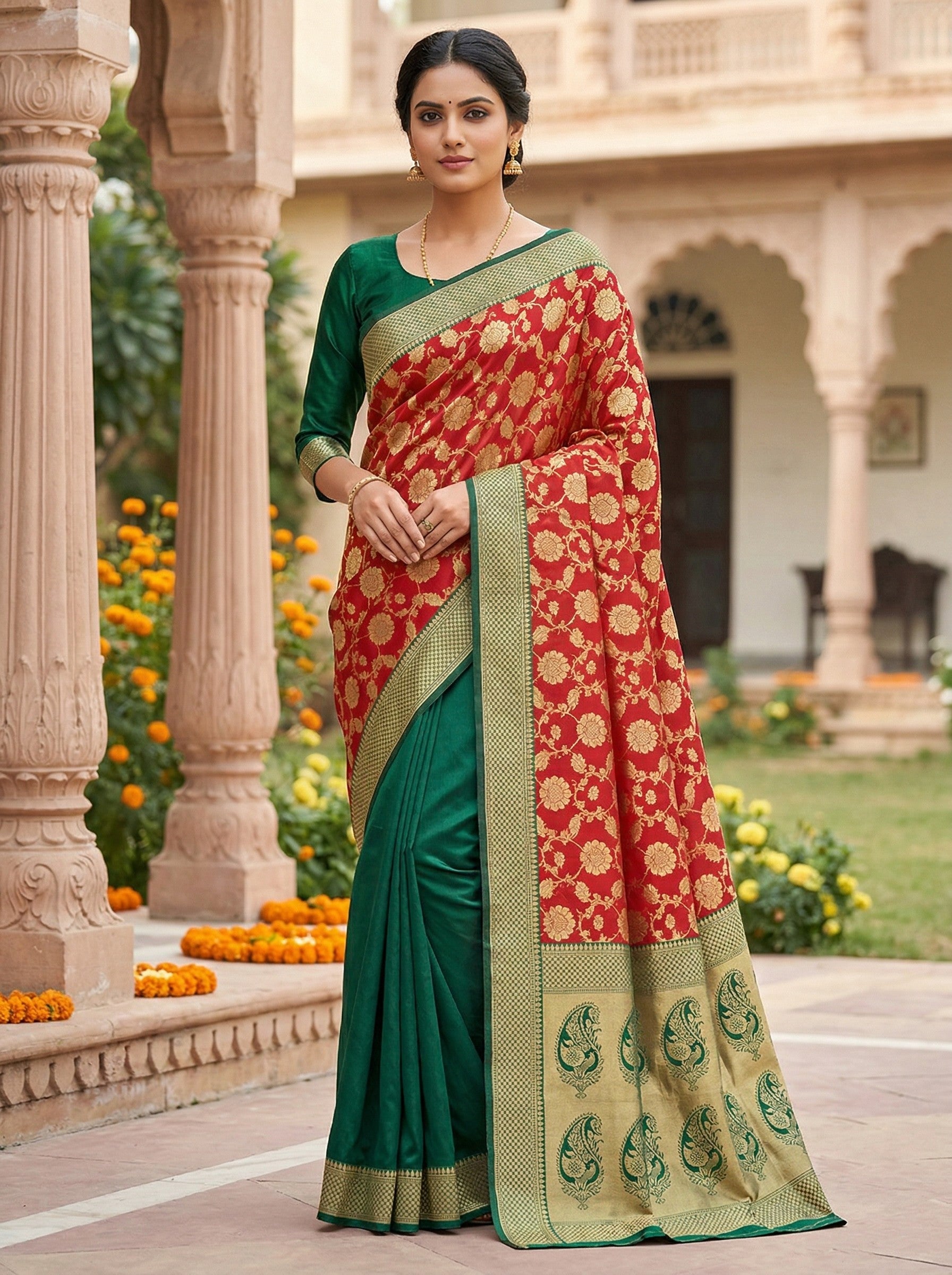 Red Green Banarasi Style Silk Saree with Zari Border & Pallu image 2