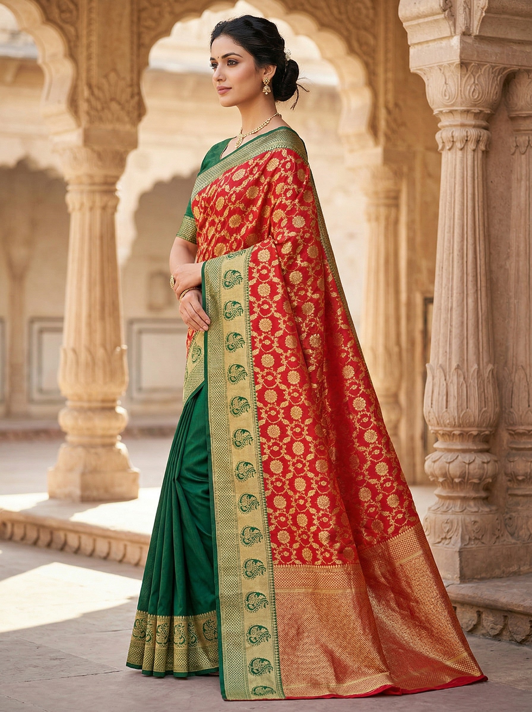 Red Green Banarasi Style Silk Saree with Zari Border & Pallu image 3