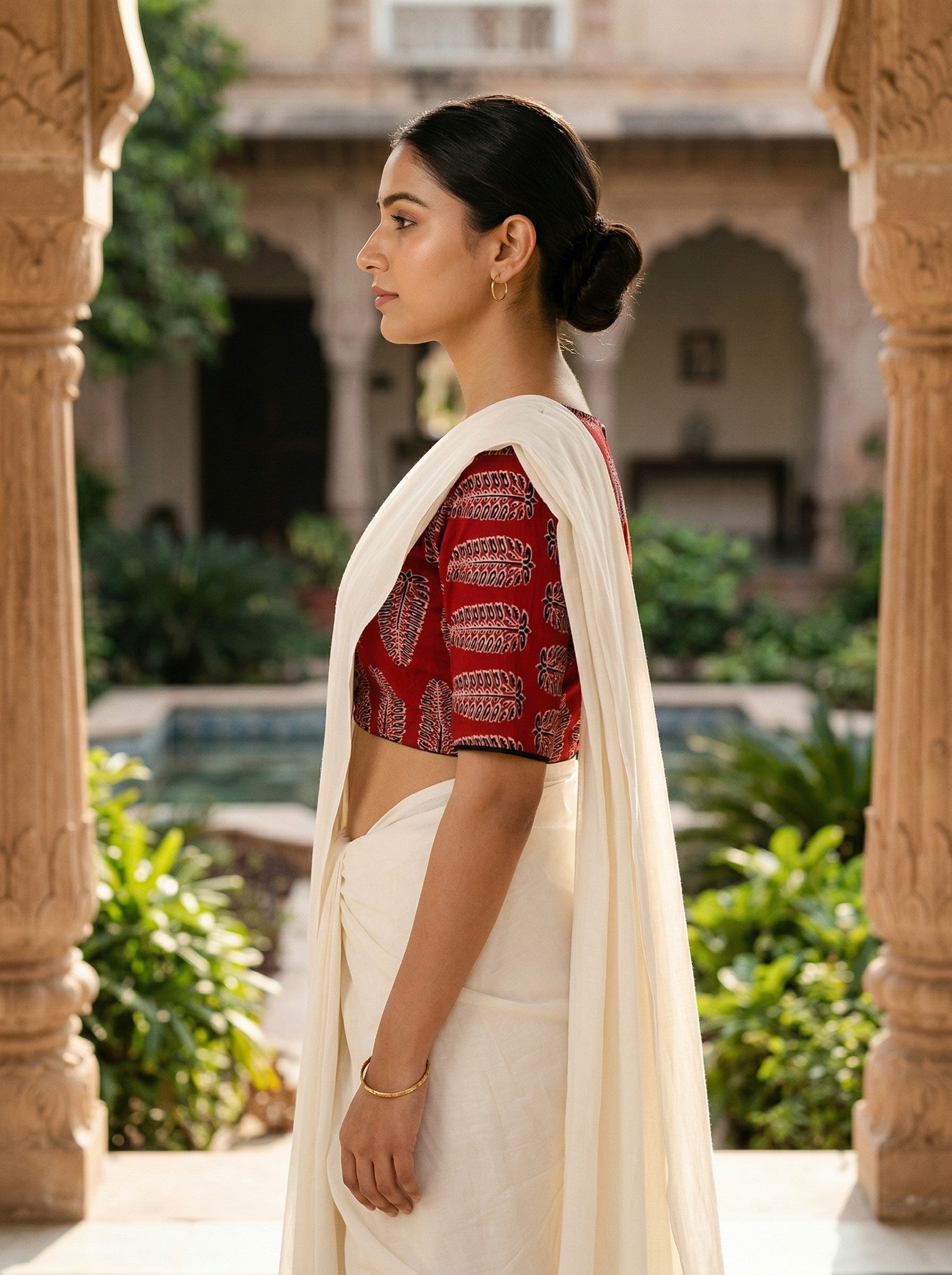 Red Ajrakh Leaf Printed Cotton Saree Blouse Online (Size 30–42) image 2