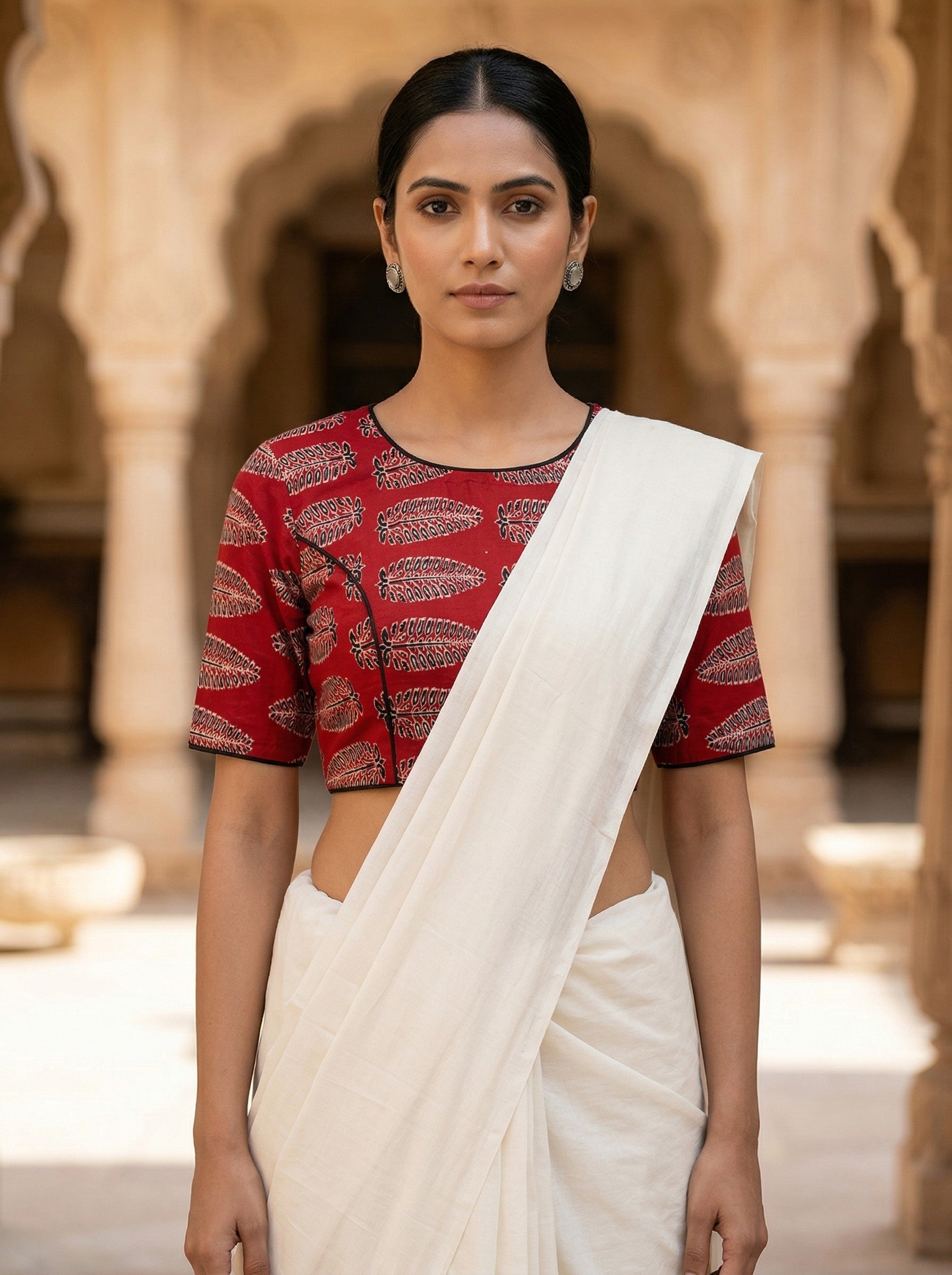 Red Ajrakh Leaf Printed Cotton Saree Blouse Online (Size 30–42) image 3