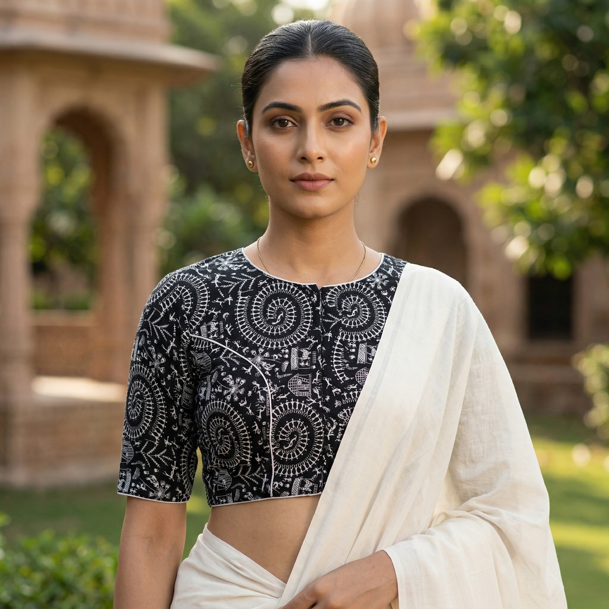 Black Cotton Saree Blouse Readymade with Madhubani Print (Size 30–42) image 2
