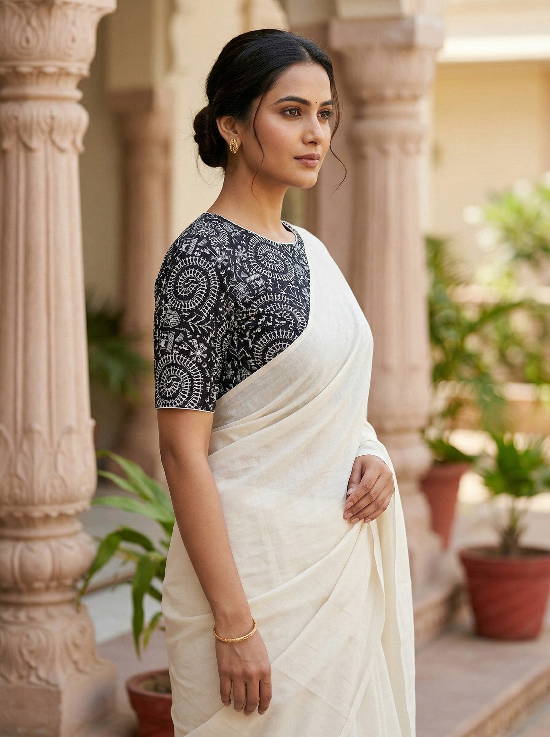 Black Cotton Saree Blouse Readymade with Madhubani Print (Size 30–42) image 3