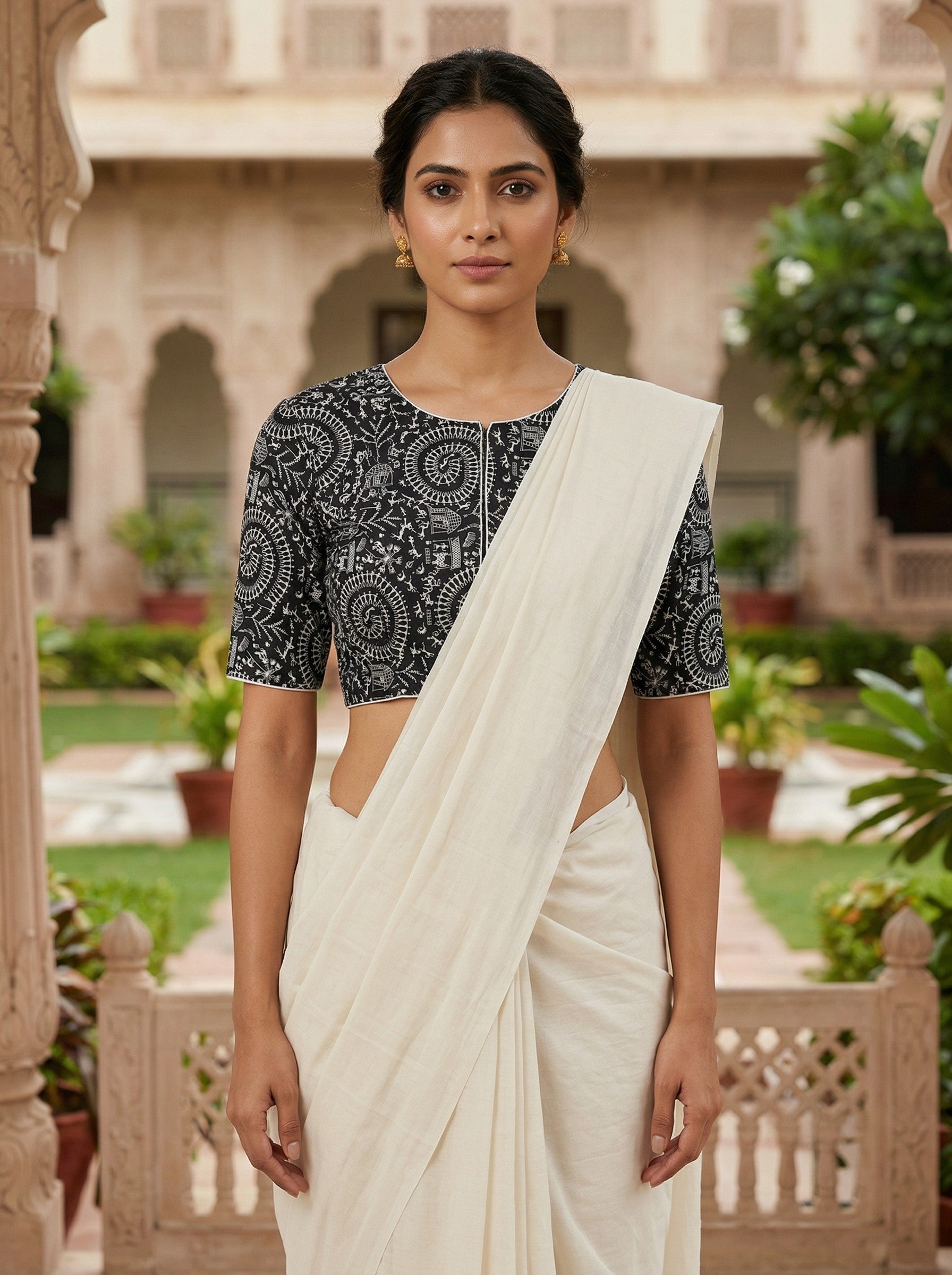 Black Cotton Saree Blouse Readymade with Madhubani Print (Size 30–42) image 4