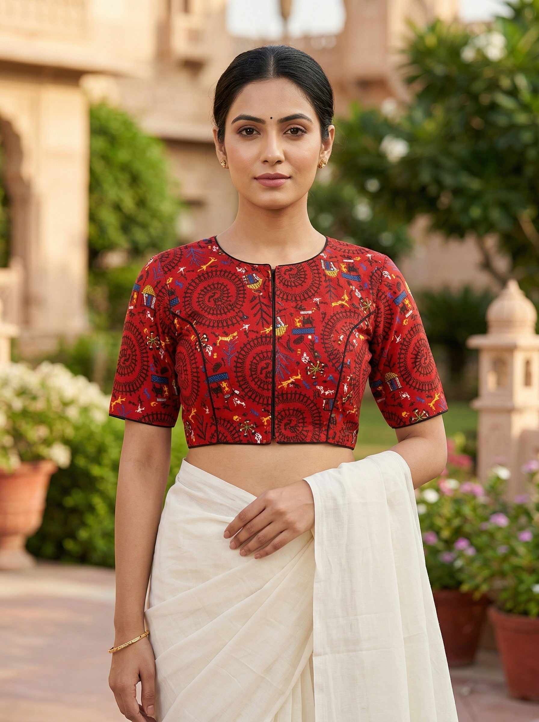 Red Madhubani Printed Cotton Saree Blouse – Half Sleeve (Size 30–42) image 2