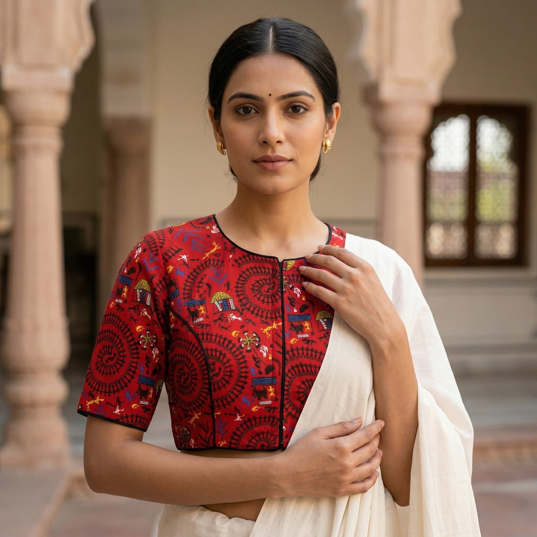 Red Madhubani Printed Cotton Saree Blouse – Half Sleeve (Size 30–42) image 3