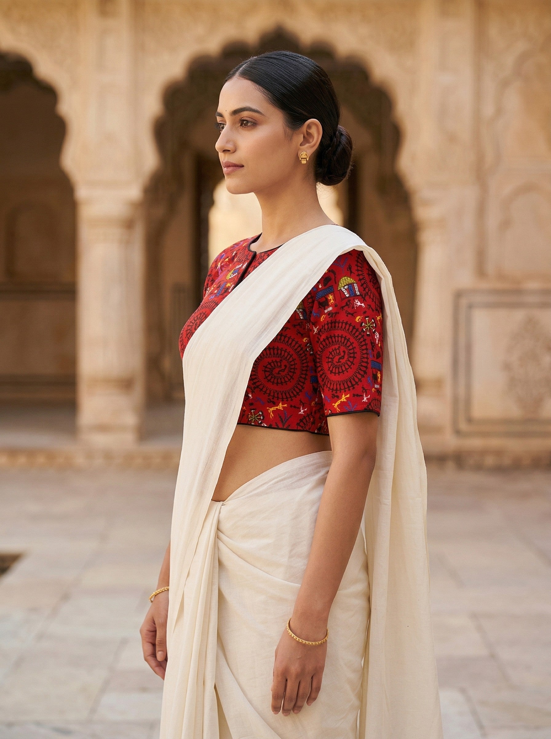 Red Madhubani Printed Cotton Saree Blouse – Half Sleeve (Size 30–42) image 4