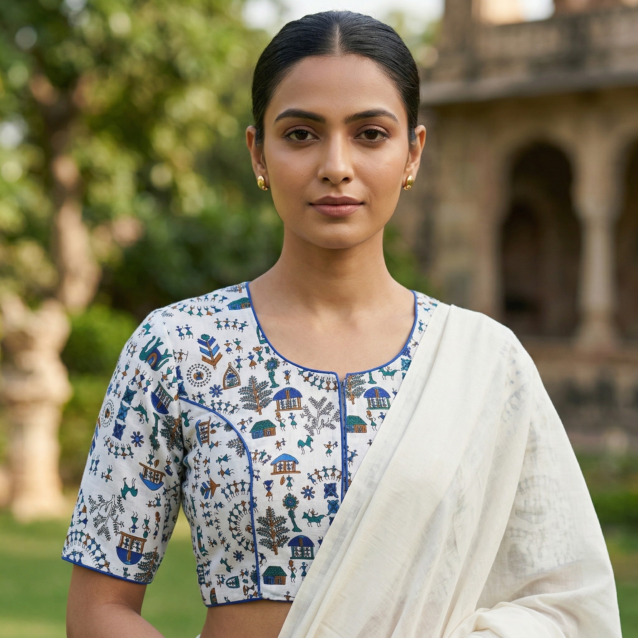 White & Blue Madhubani Hand Printed Cotton Saree Blouse (Size 30–42) image 2