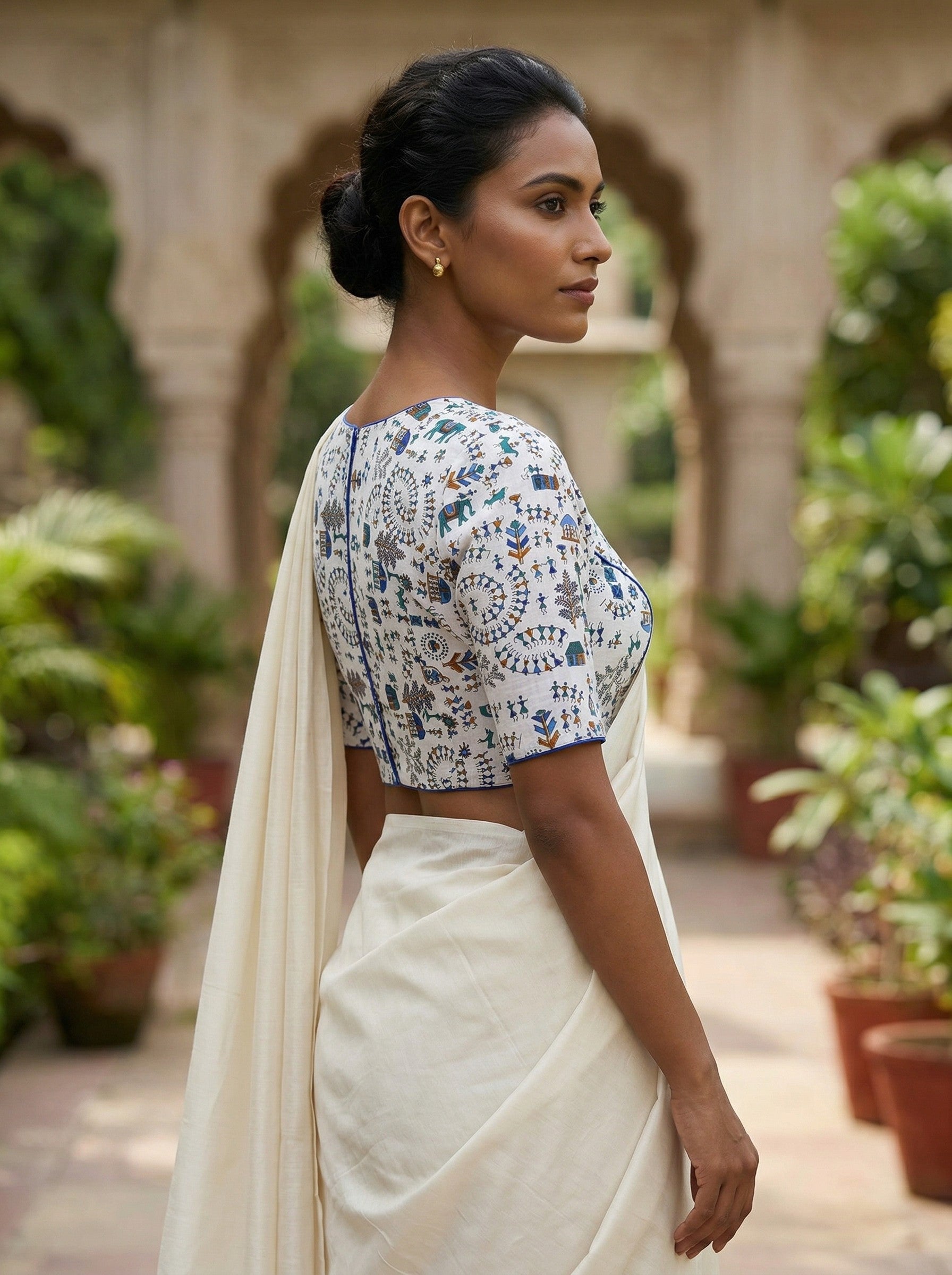 White & Blue Madhubani Hand Printed Cotton Saree Blouse (Size 30–42) image 3