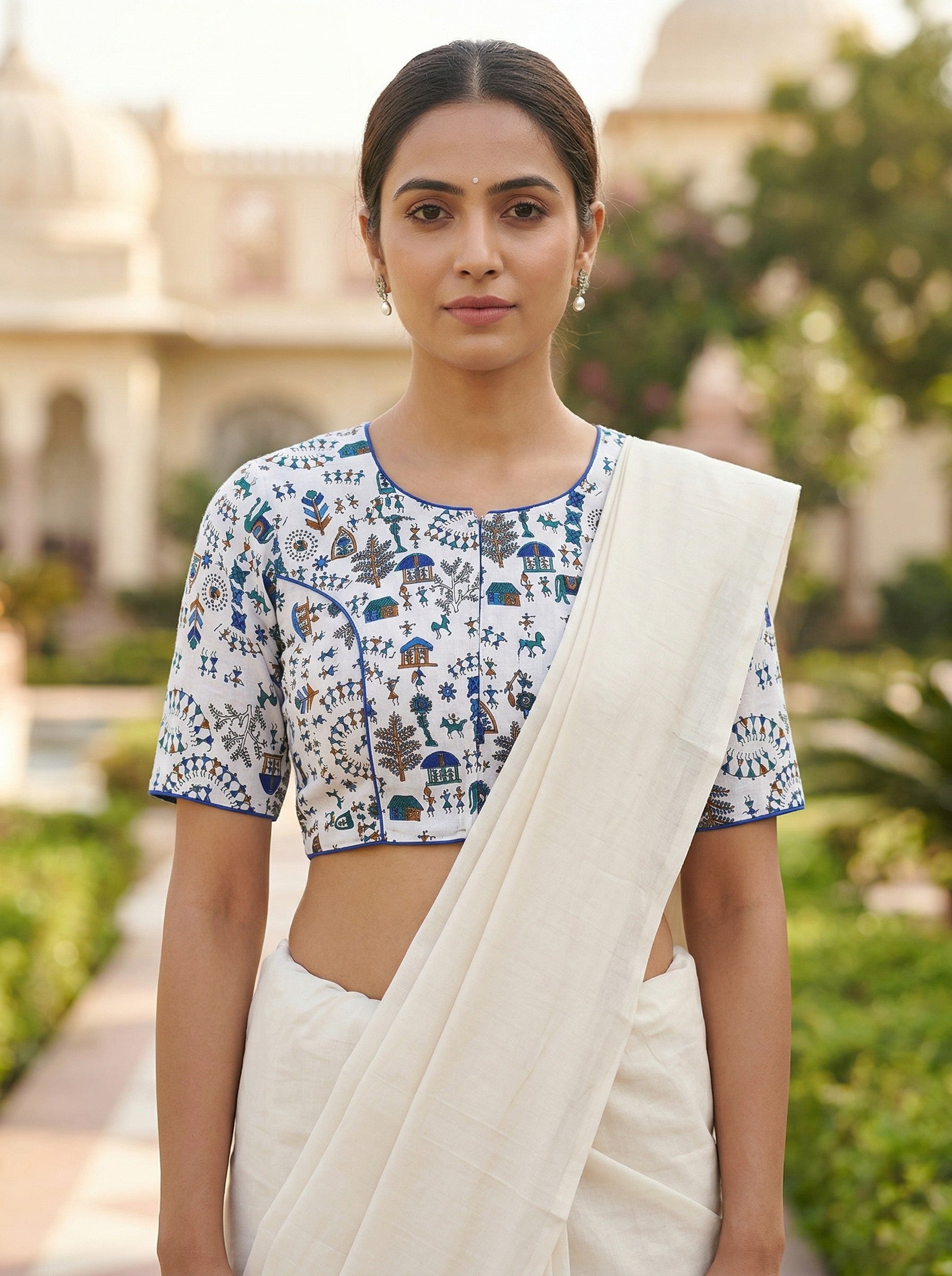 White & Blue Madhubani Hand Printed Cotton Saree Blouse (Size 30–42) image 4