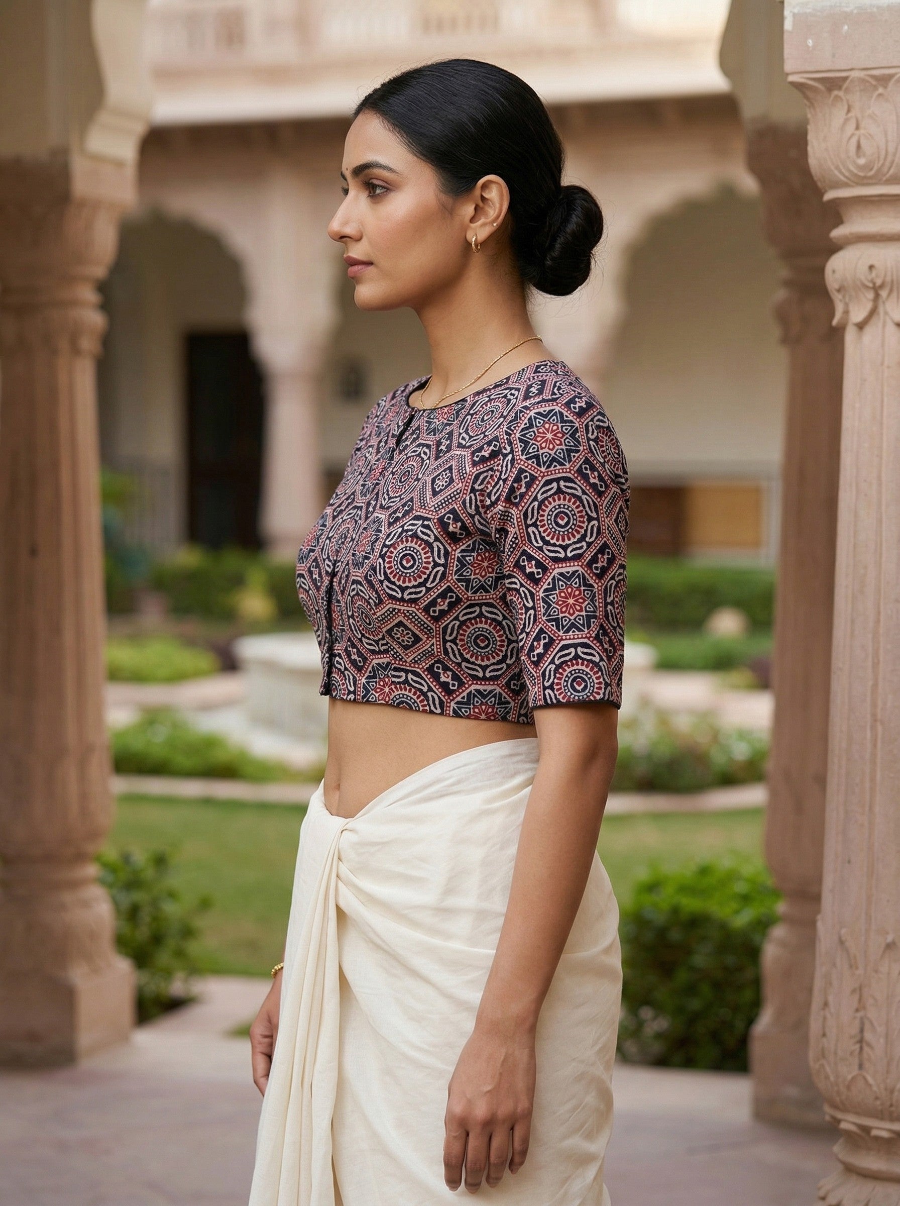 Black Ajrakh Print Cotton Saree Blouse – Half Sleeve (Size 30–42) image 3