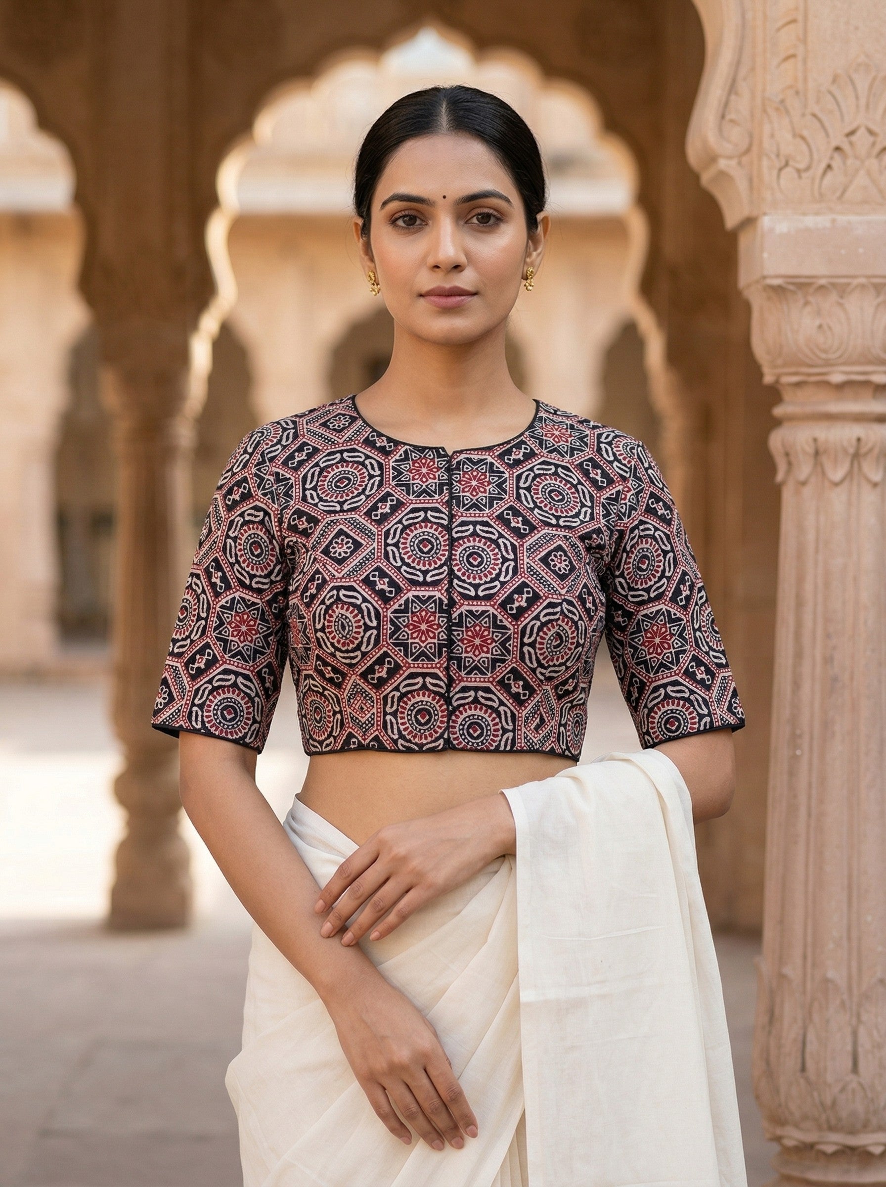 Black Ajrakh Print Cotton Saree Blouse – Half Sleeve (Size 30–42) image 4