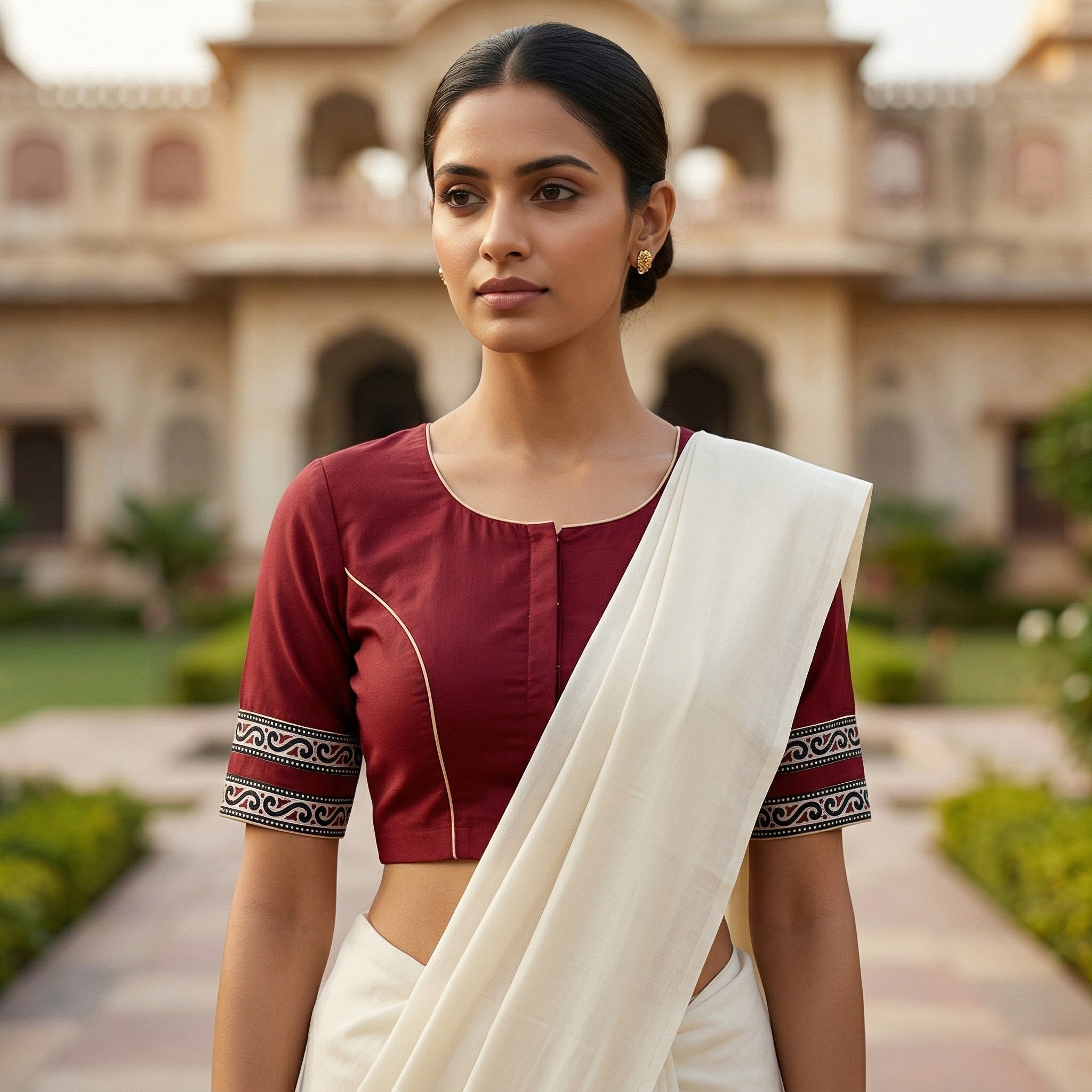 Maroon Pure Cotton Saree Blouse with Back V-Neck & Border (Size 30–44) image 2