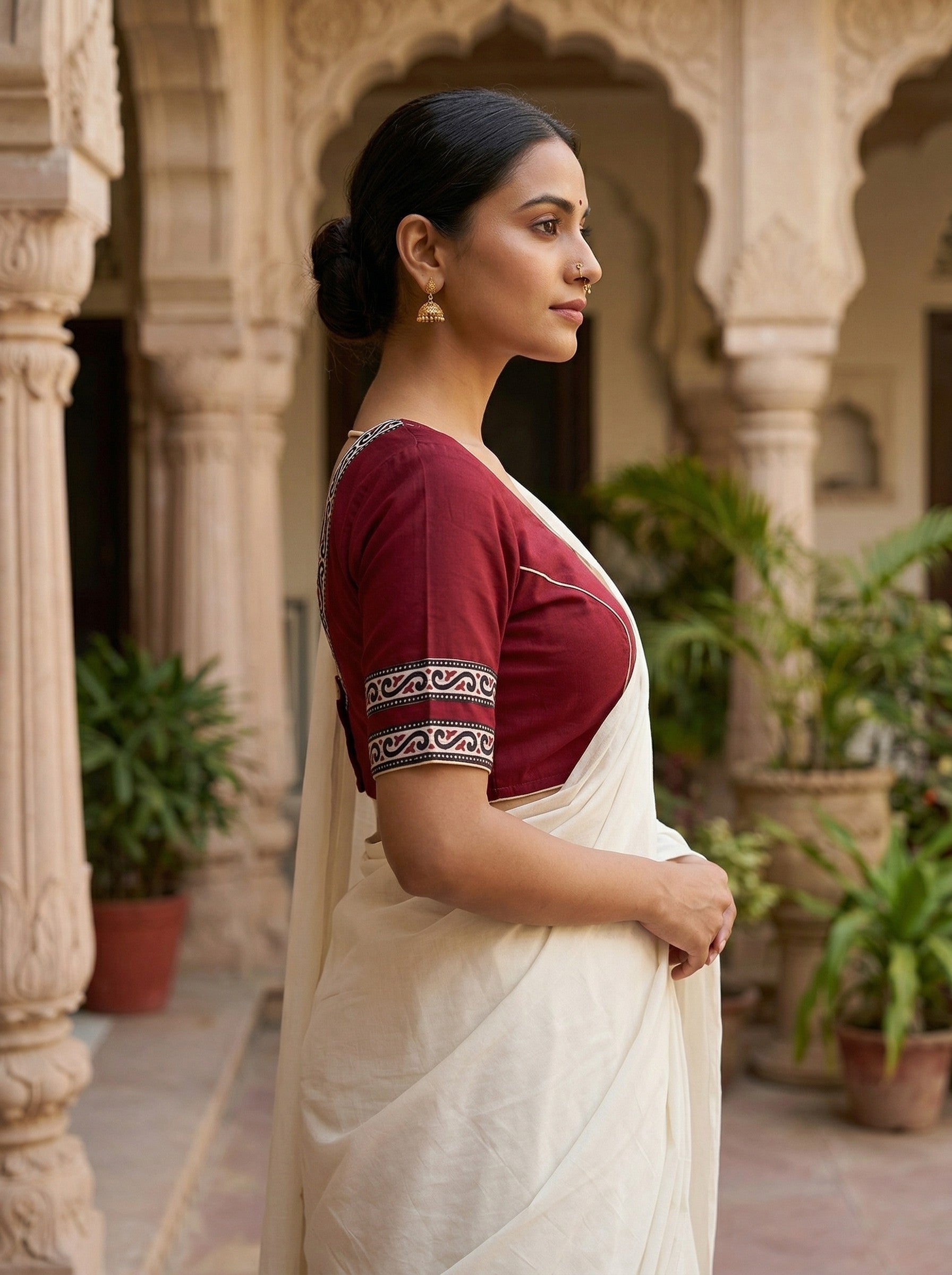 Maroon Pure Cotton Saree Blouse with Back V-Neck & Border (Size 30–44) image 3