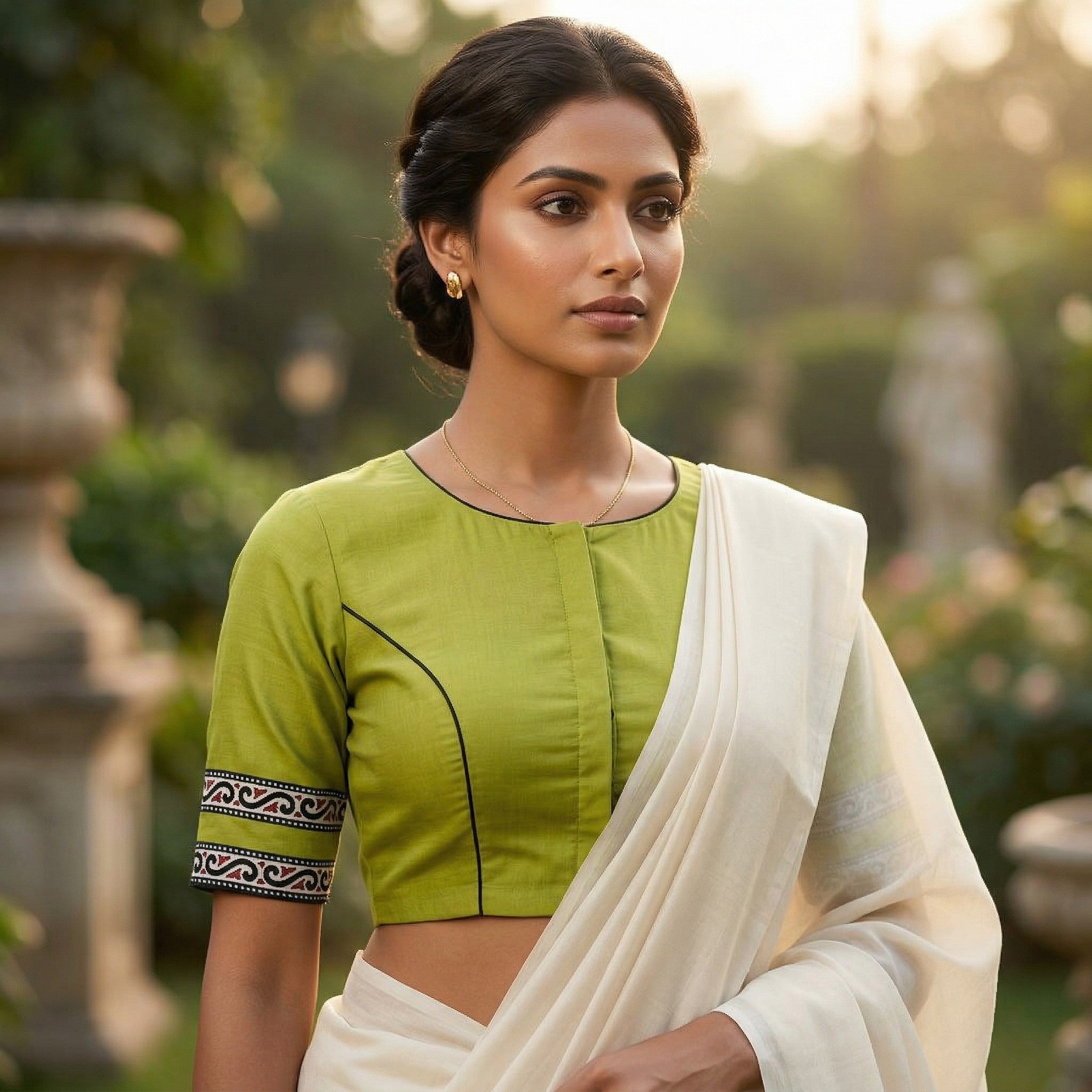 Green Pure Cotton Saree Blouse with Back V-Neck & Border (Size 30–44) image 2