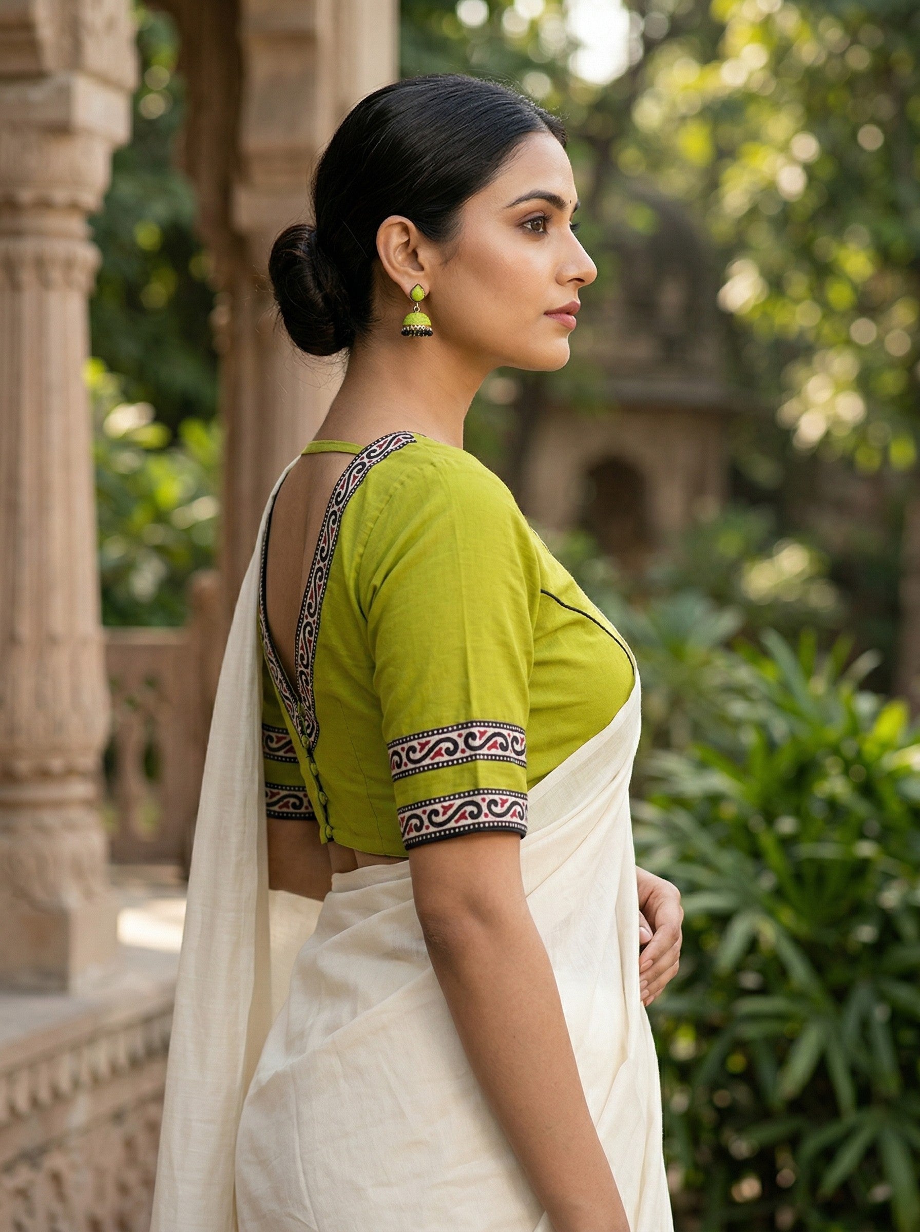 Green Pure Cotton Saree Blouse with Back V-Neck & Border (Size 30–44) image 3