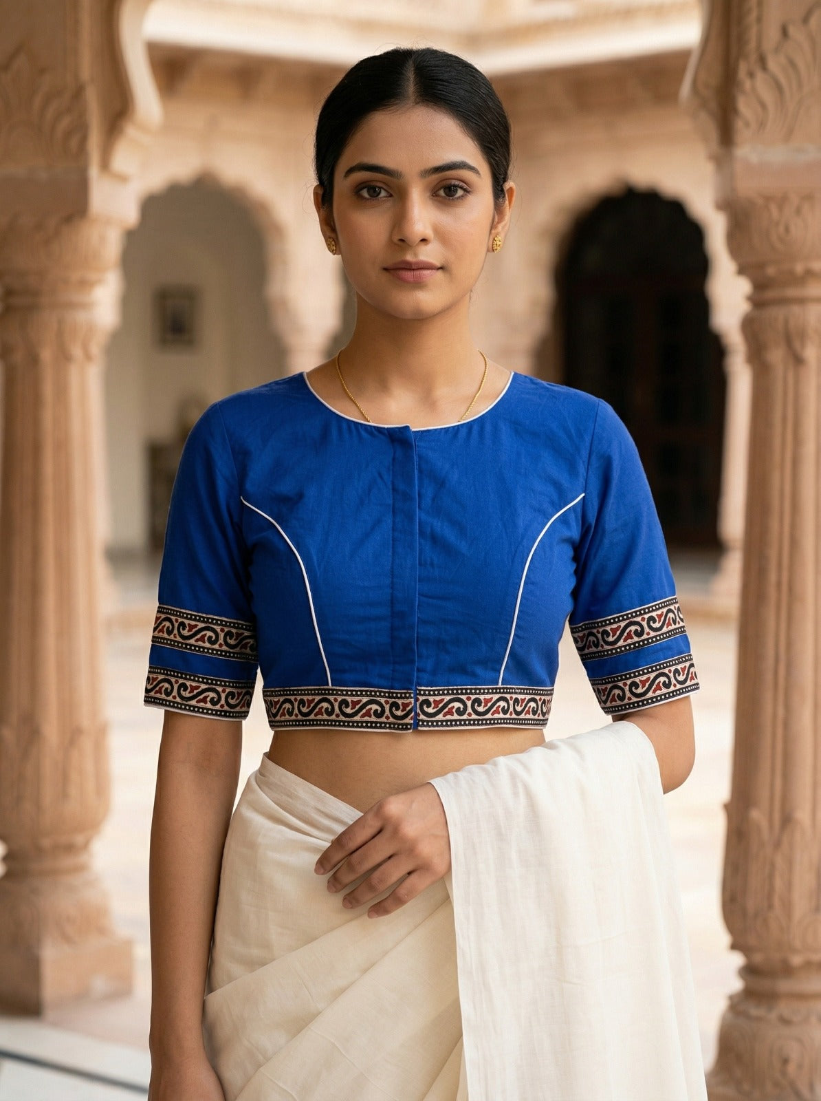 Royal Blue Front Open Cotton Saree Blouse – V-Neck (Size 30–44) image 2