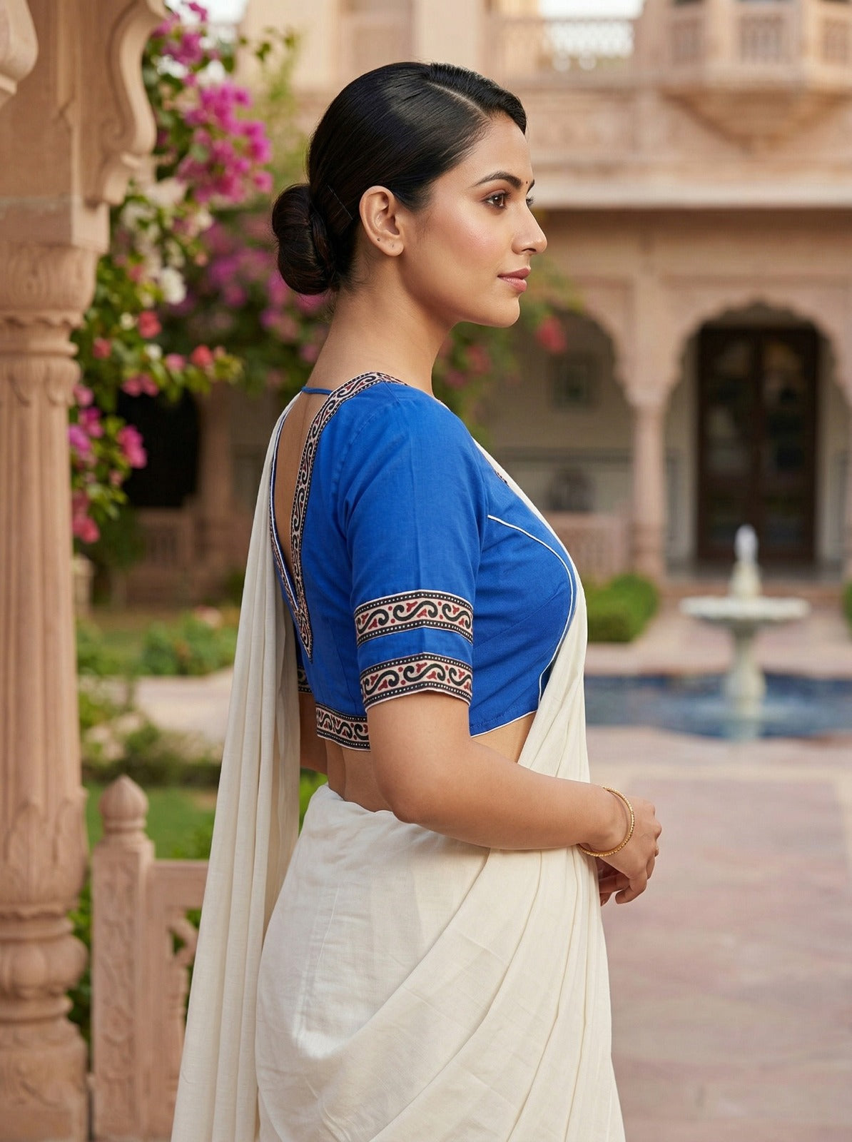 Royal Blue Front Open Cotton Saree Blouse – V-Neck (Size 30–44) image 3
