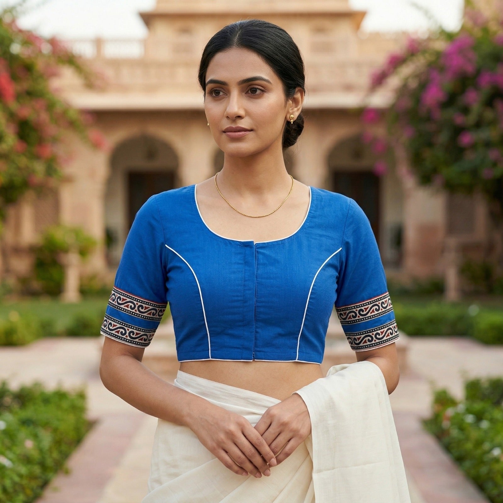 Royal Blue Front Open Cotton Saree Blouse – V-Neck (Size 30–44) image 4