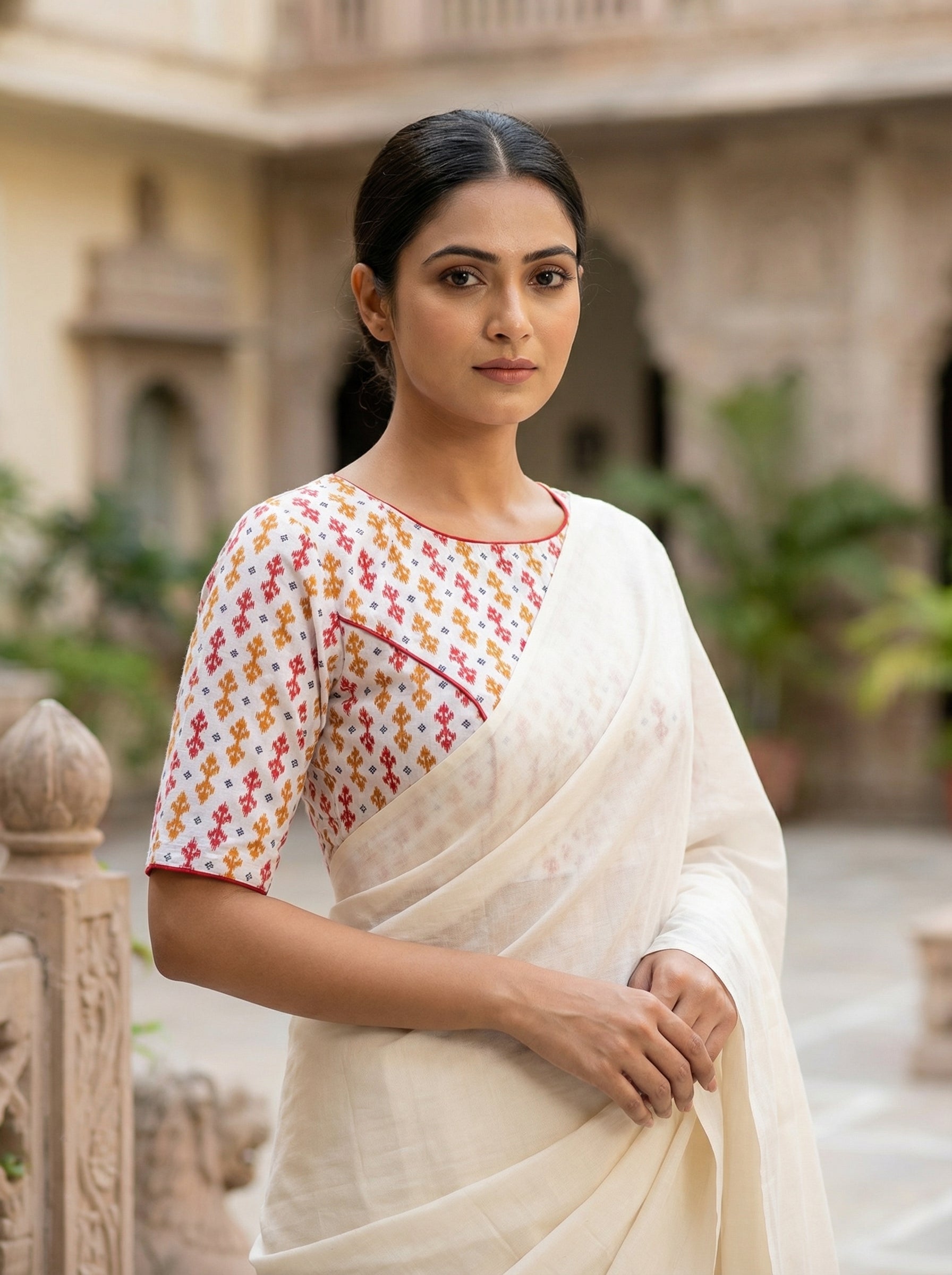 Ikkat Cotton Saree Blouse Readymade – Half Sleeve (Size 30–42) image 3