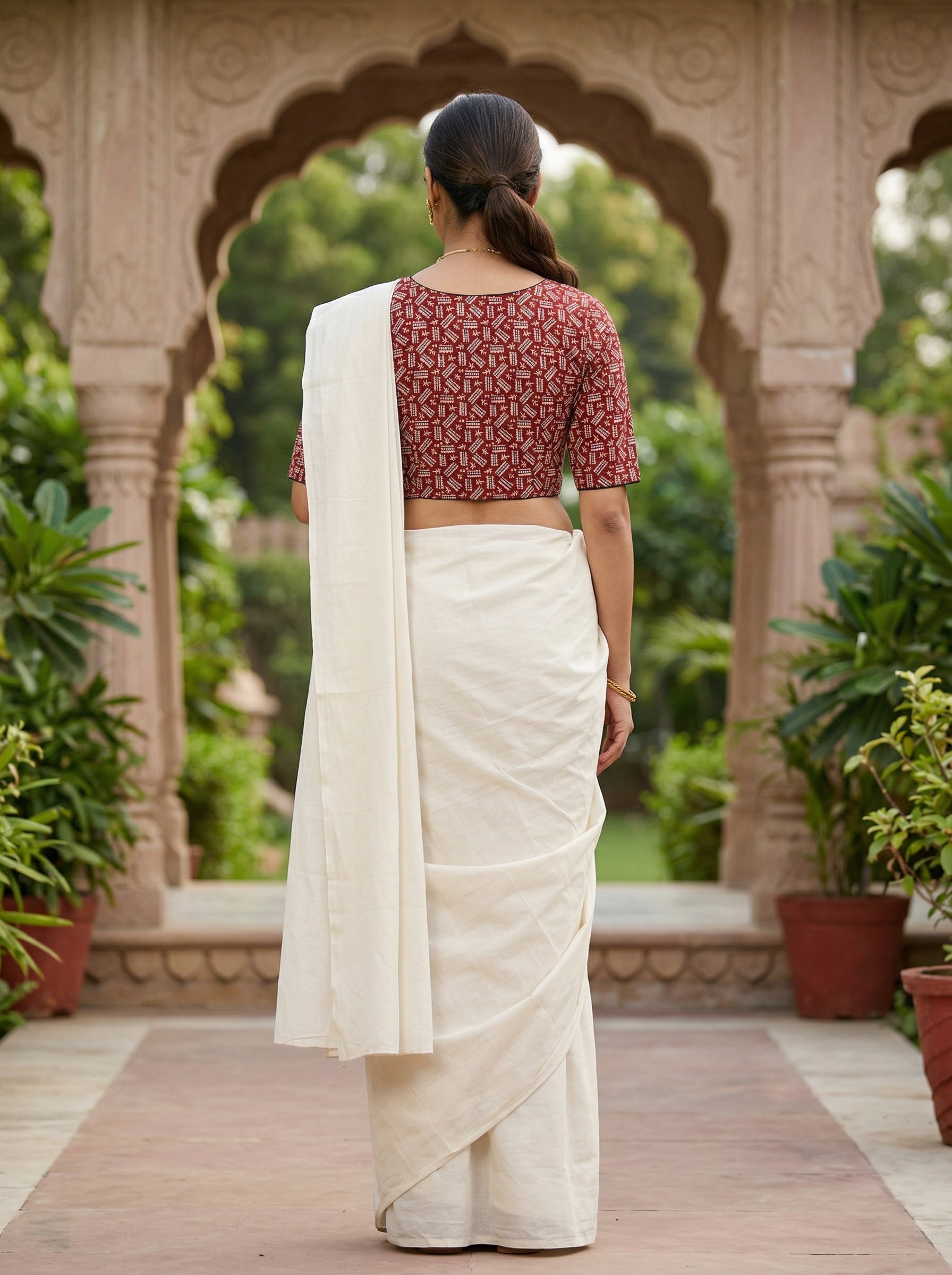 Red Cotton Printed Saree Blouse in Ajrakh Block Print (Size 30–42) image 3