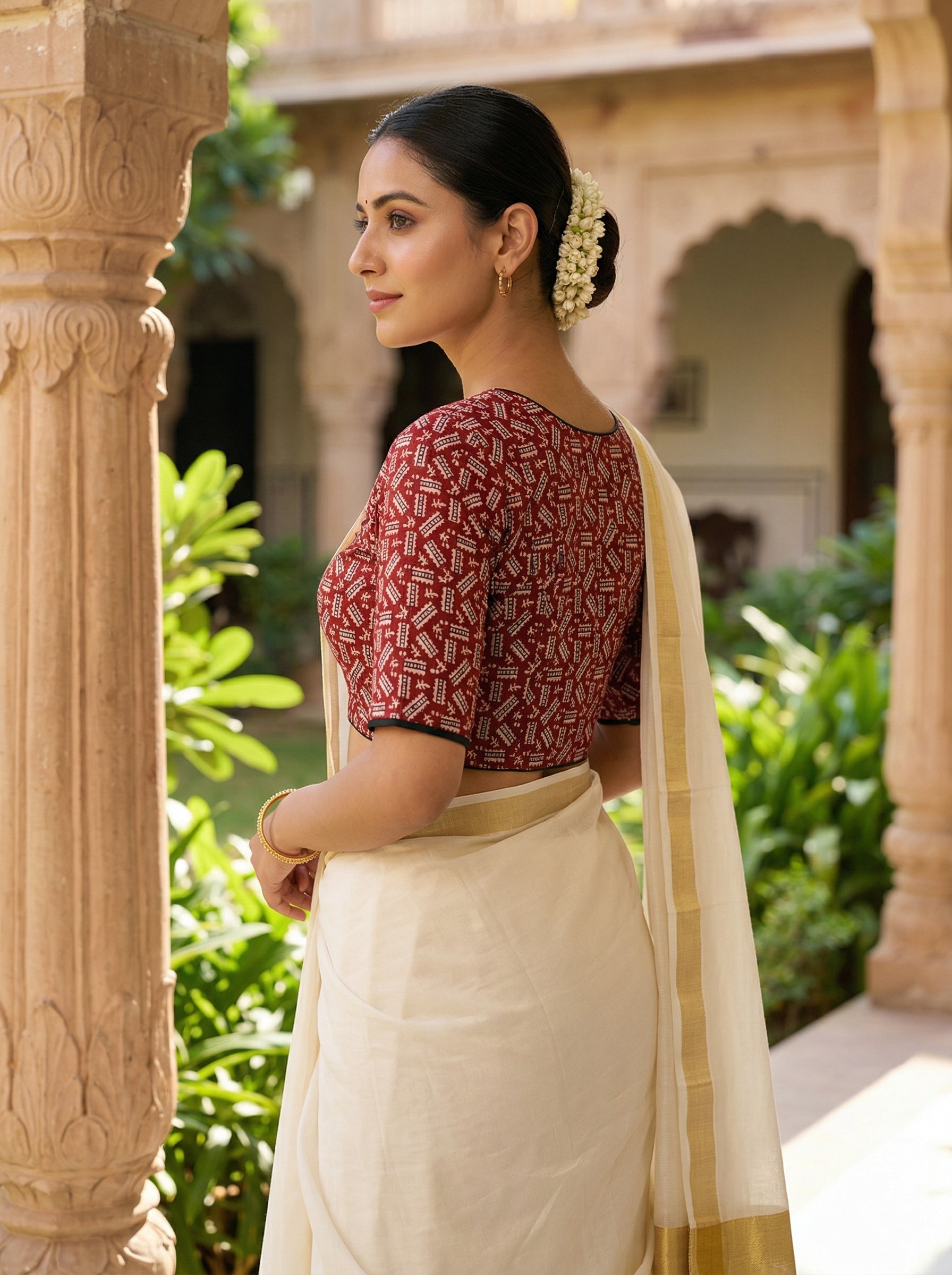 Red Cotton Printed Saree Blouse in Ajrakh Block Print (Size 30–42) image 4