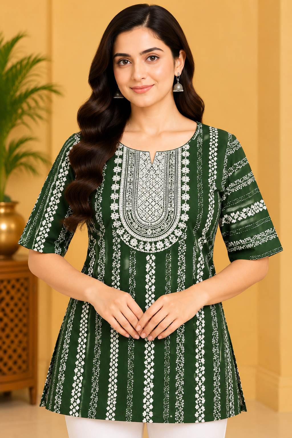 Women's Dark Green Printed Short Top with White Floral Stripes & Embroidered Neckline image 2