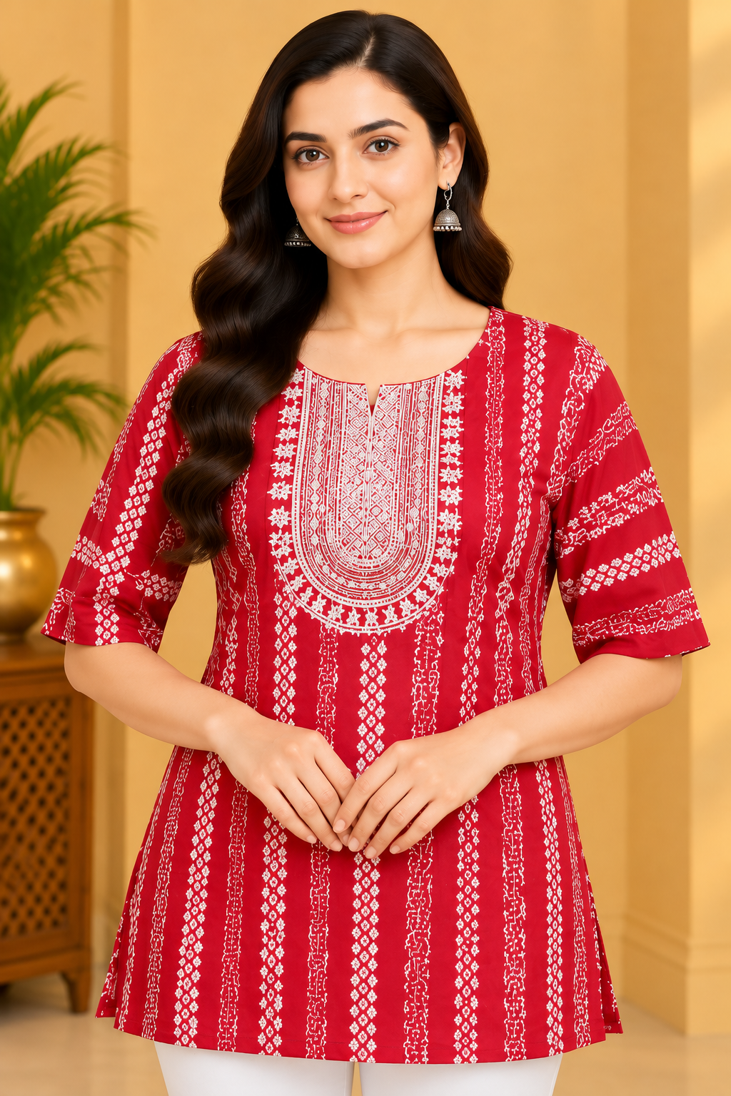 Women's Red & White Printed Ethnic Short Top with Embroidered Yoke image 2