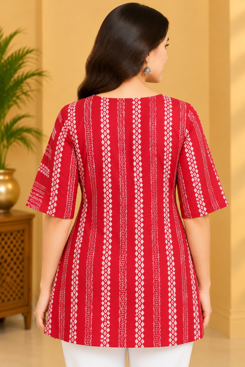 Women's Red & White Printed Ethnic Short Top with Embroidered Yoke image 3