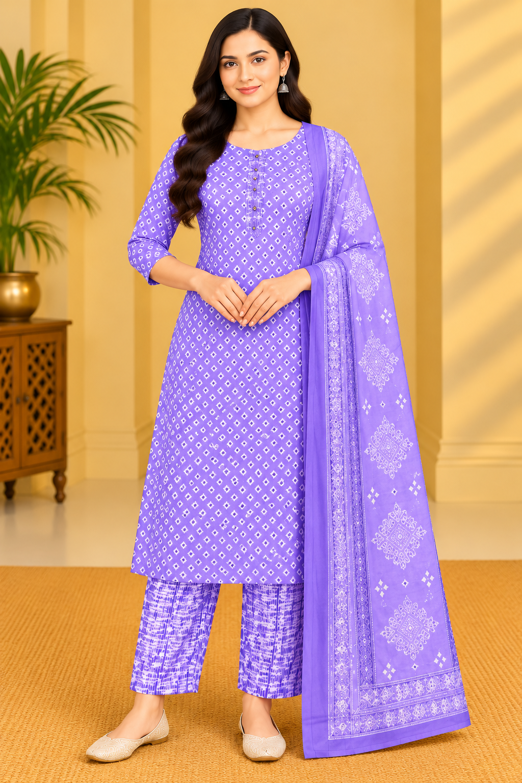 Women's Lavender Purple Printed Kurta Pant Set with Dupatta image 2