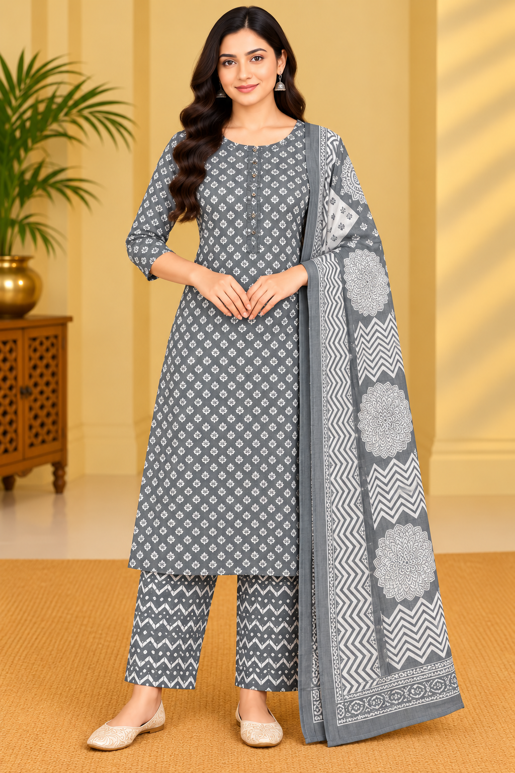 Grey & White Printed Cotton Kurta Pant Set with Dupatta for Women image 2