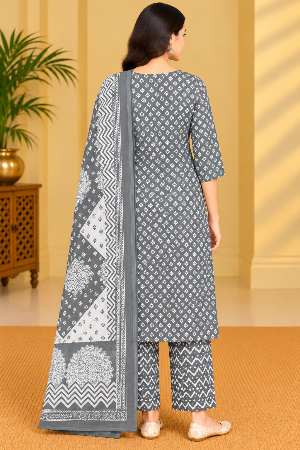Grey & White Printed Cotton Kurta Pant Set with Dupatta for Women image 3