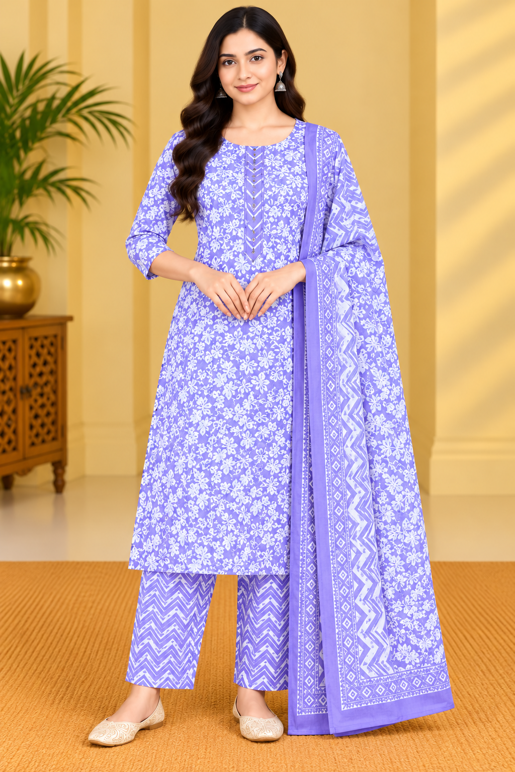 Lavender Purple Floral Printed Kurta Pant Set with Dupatta for Women image 2
