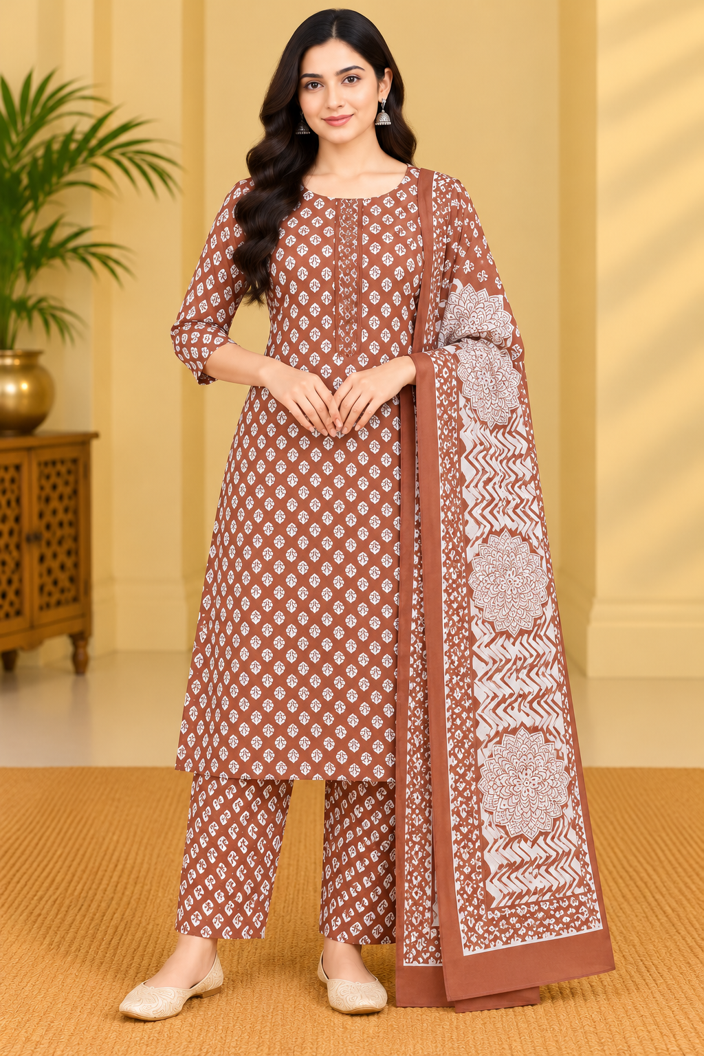 Rust Brown Floral Printed Kurta Pant & Dupatta Set for Women image 2