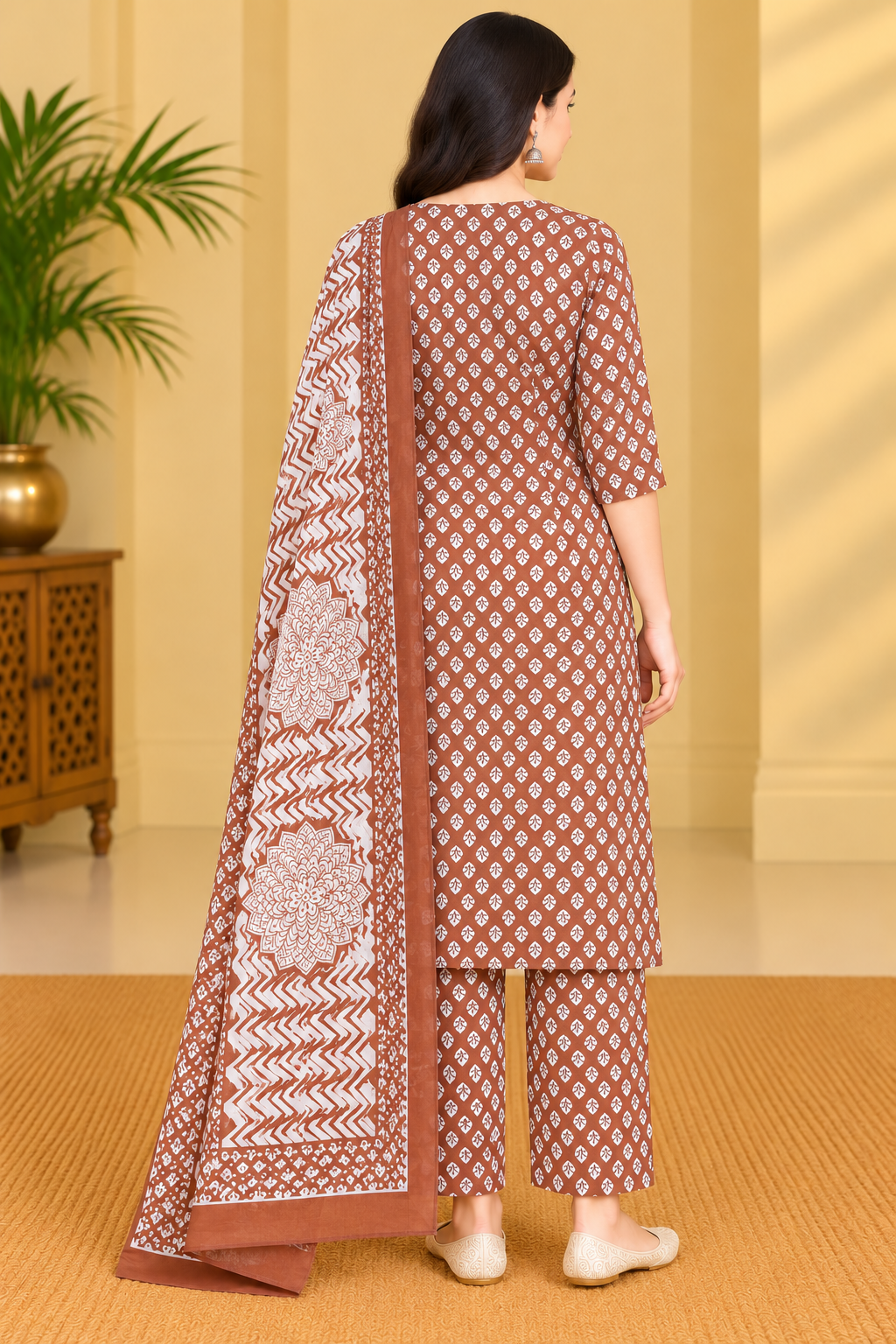 Rust Brown Floral Printed Kurta Pant & Dupatta Set for Women image 3