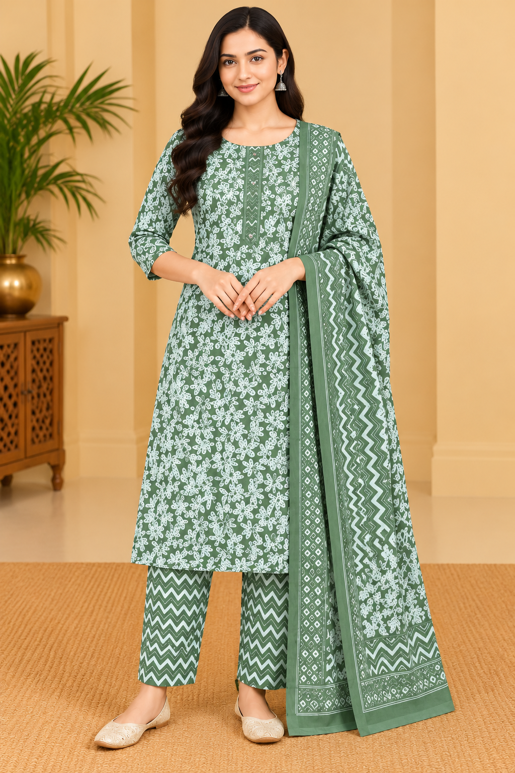 Women's Sage Green & White Floral Printed Kurta Pant Dupatta Set image 2