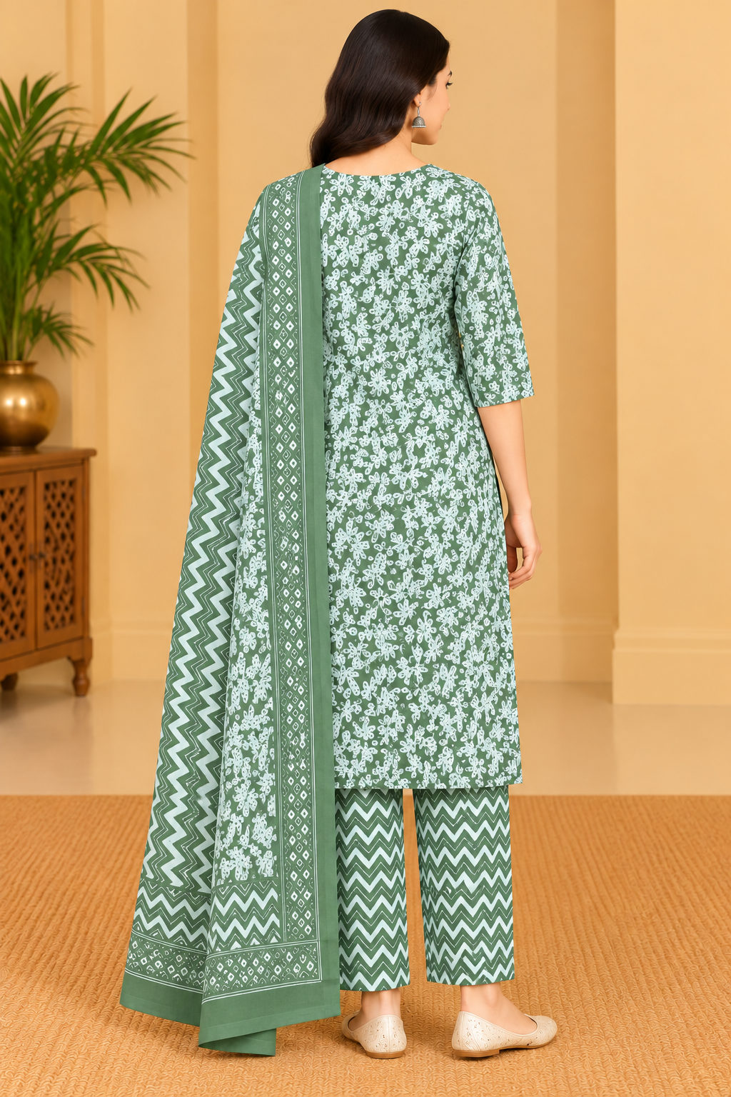 Women's Sage Green & White Floral Printed Kurta Pant Dupatta Set image 3