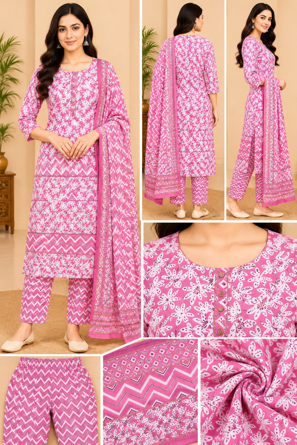 Women's Pink Floral Printed Kurta Pant Dupatta Set