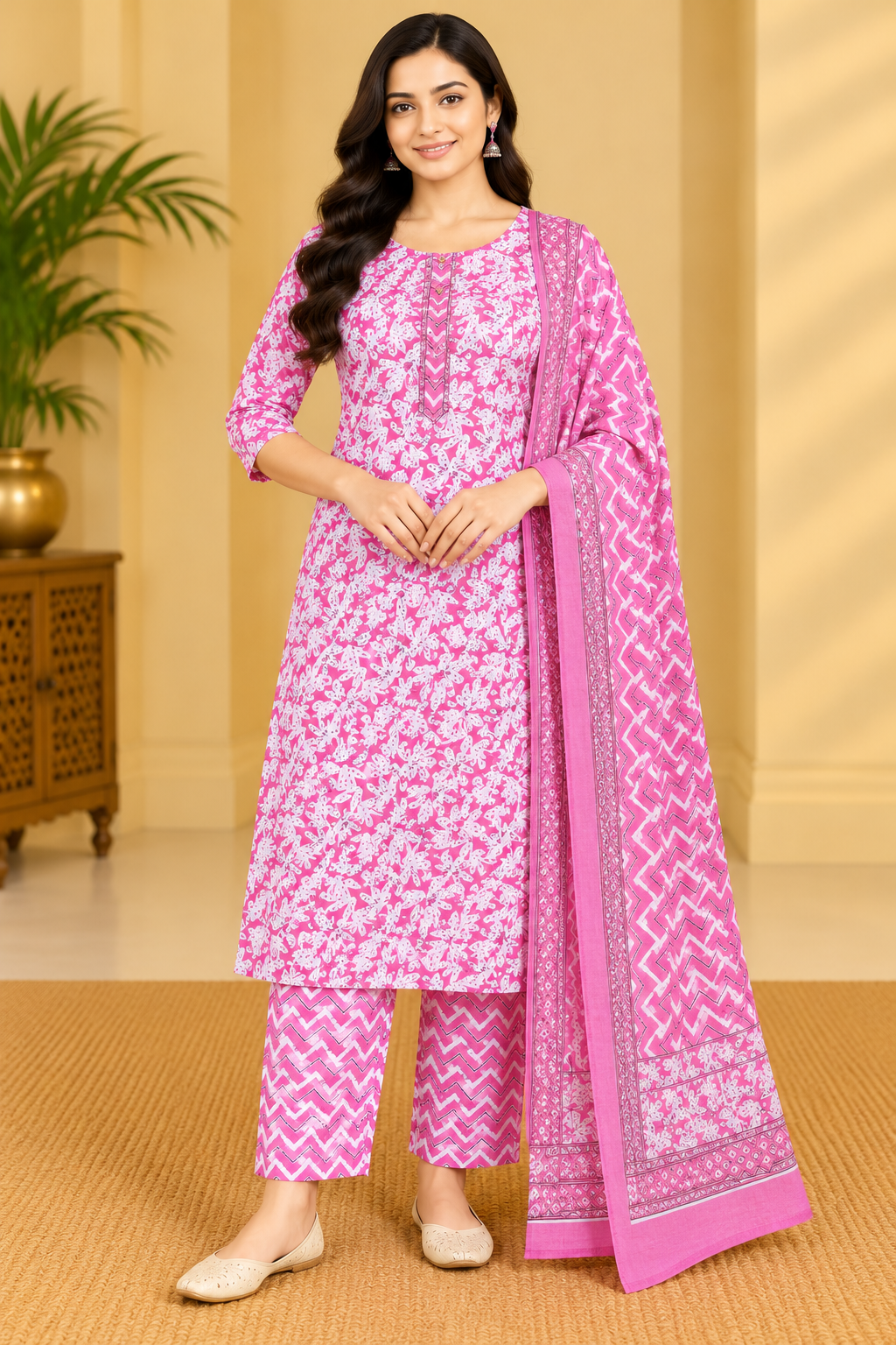 Women's Pink Floral Printed Kurta Pant Dupatta Set image 2