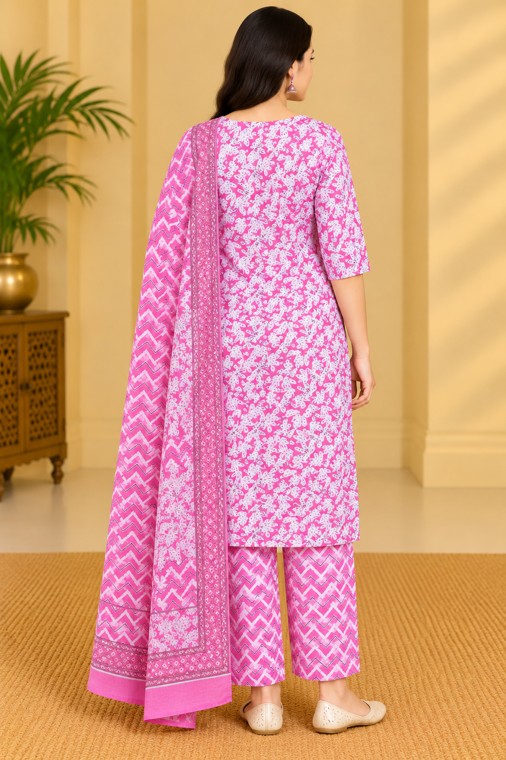 Women's Pink Floral Printed Kurta Pant Dupatta Set image 3