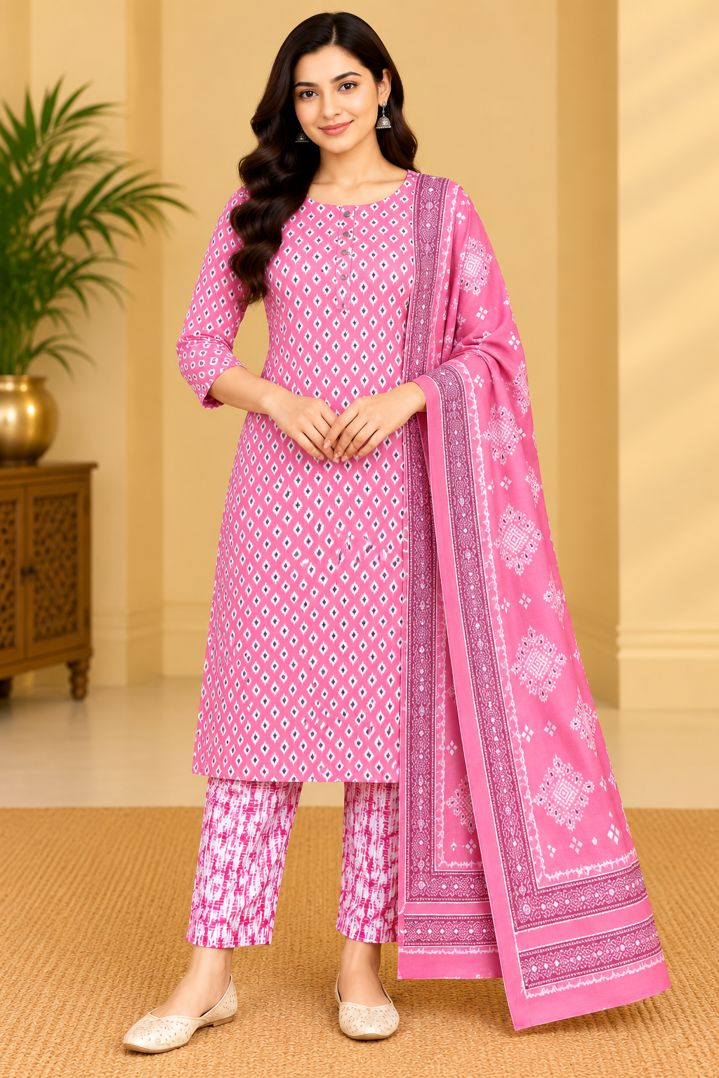 Women's Pink Printed Kurta Pant Dupatta Set image 2