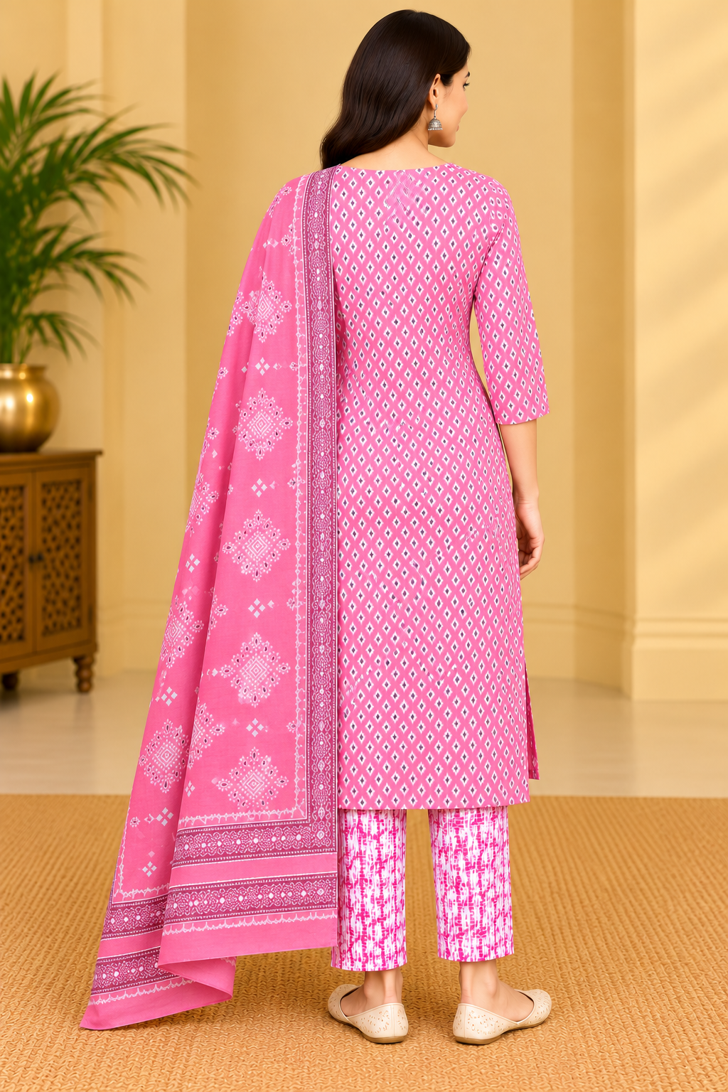Women's Pink Printed Kurta Pant Dupatta Set image 3