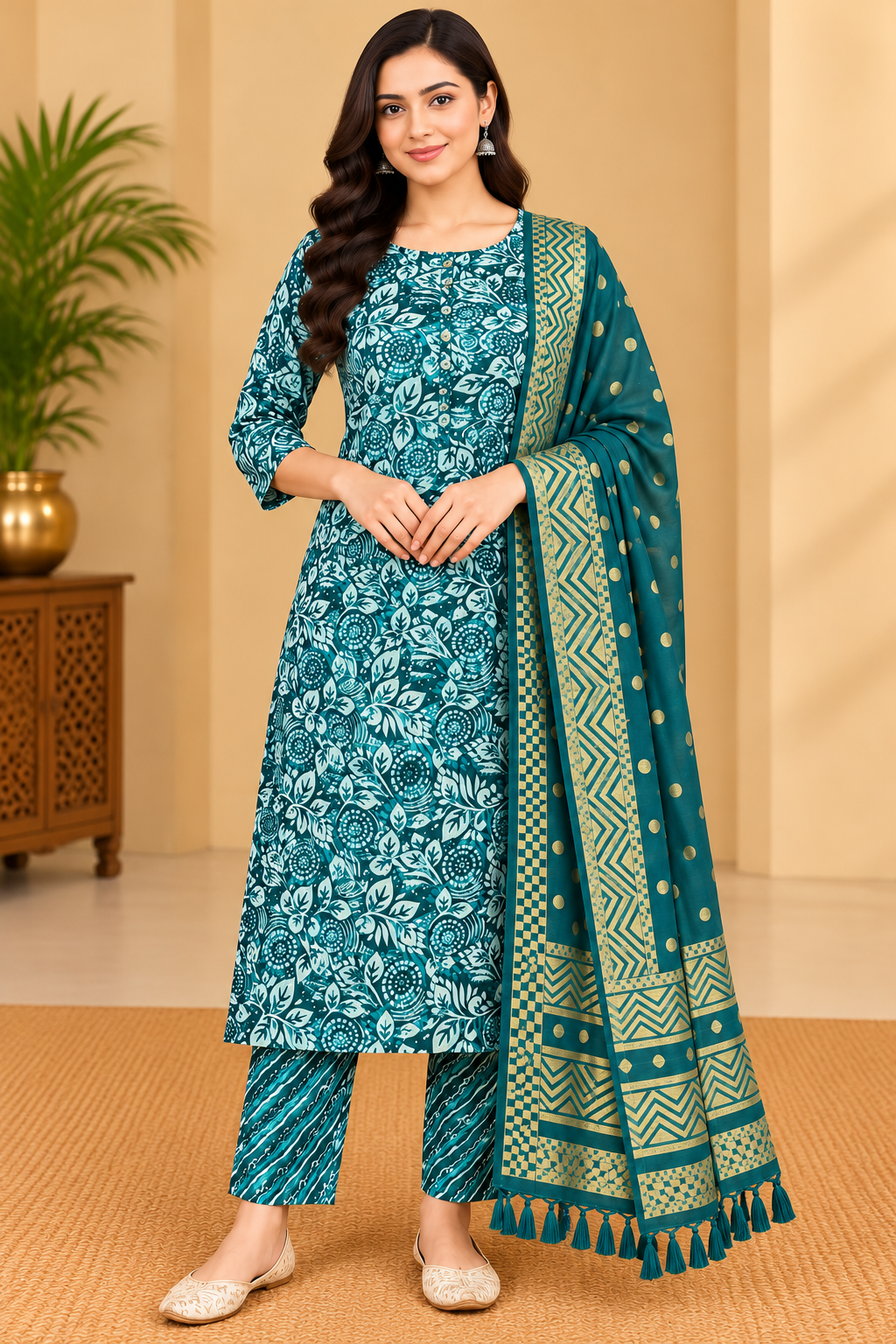 Women's Teal Green Floral Printed Kurta Pant Set with Gold Printed Dupatta image 2