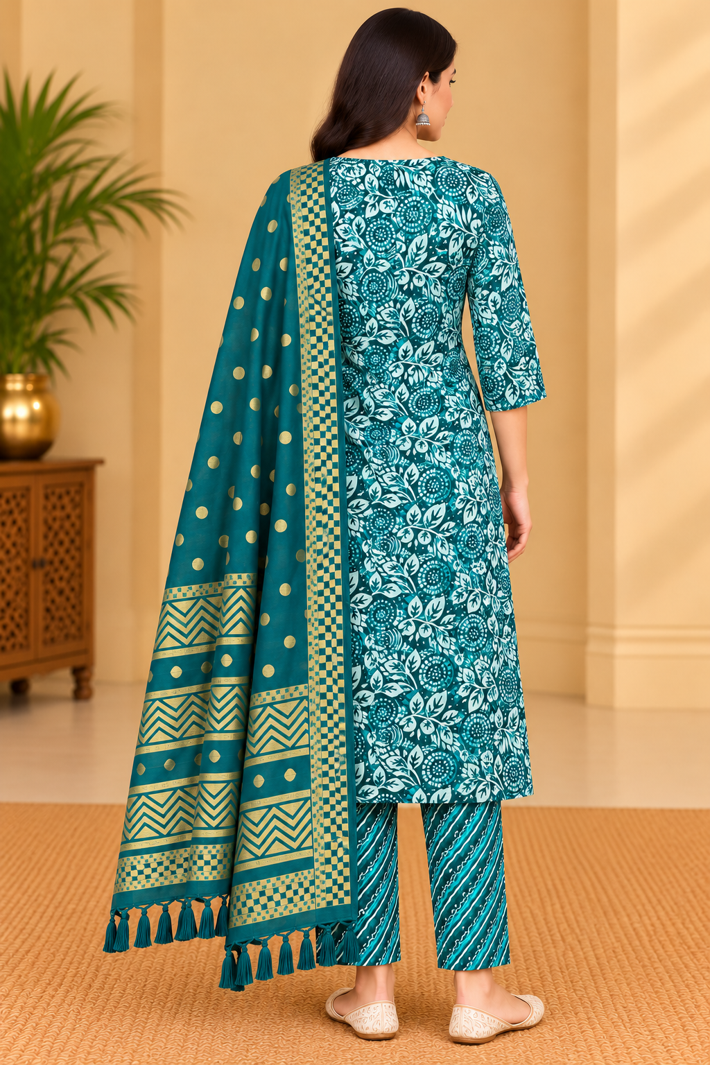 Women's Teal Green Floral Printed Kurta Pant Set with Gold Printed Dupatta image 3