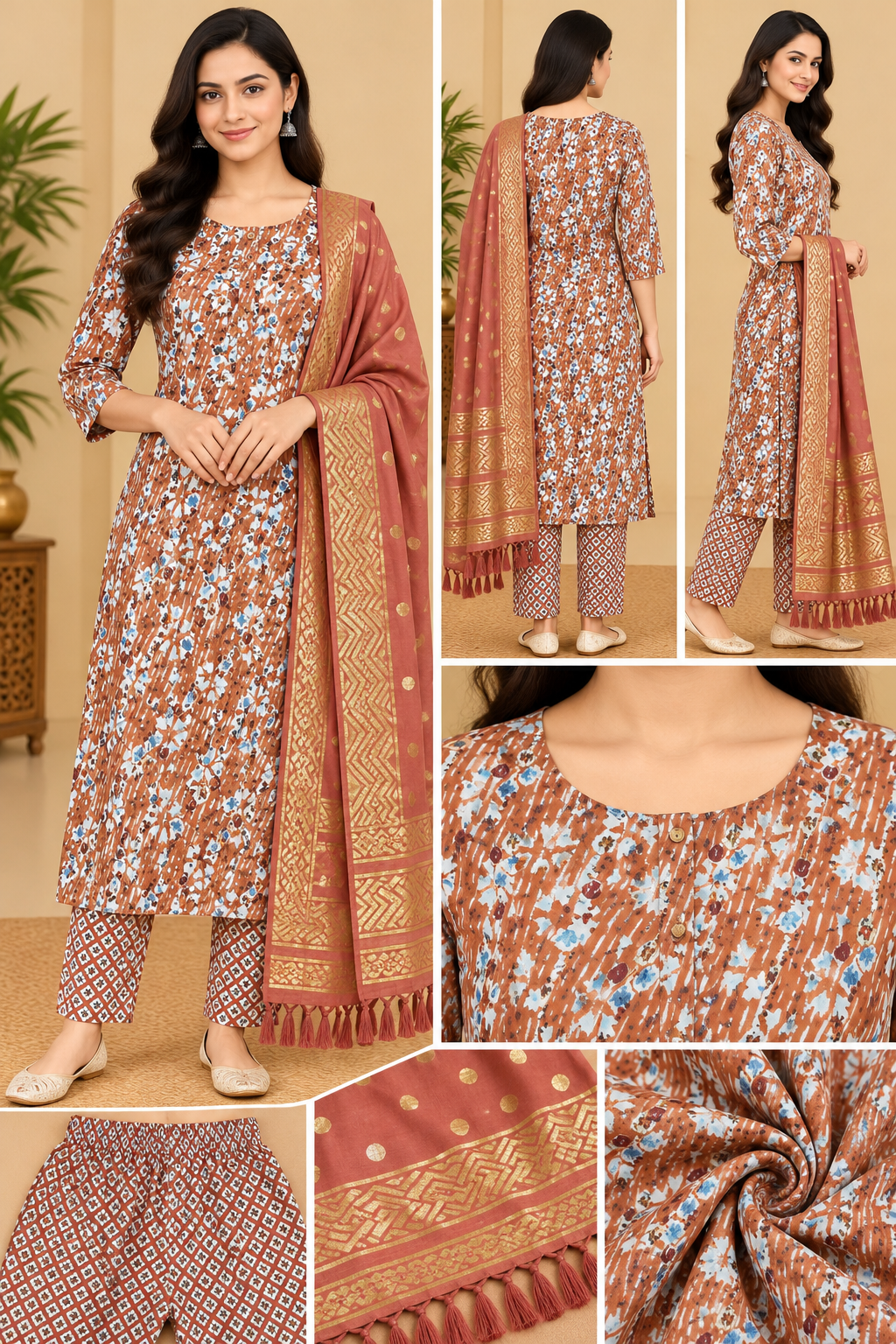 Women's Rust Brown Floral Printed Kurta Pant Set with Peach Gold Printed Dupatta