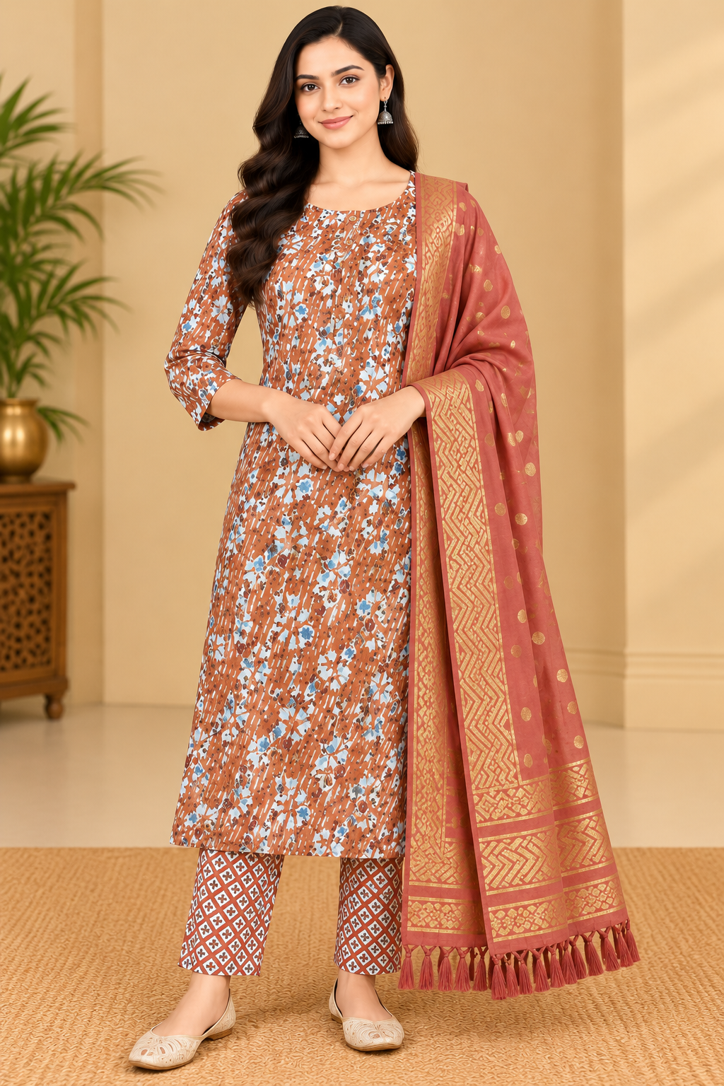 Women's Rust Brown Floral Printed Kurta Pant Set with Peach Gold Printed Dupatta image 2