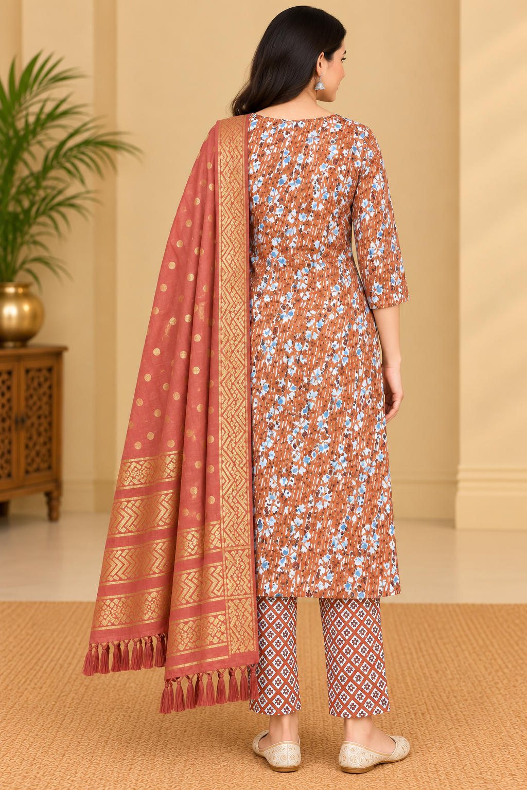 Women's Rust Brown Floral Printed Kurta Pant Set with Peach Gold Printed Dupatta image 3