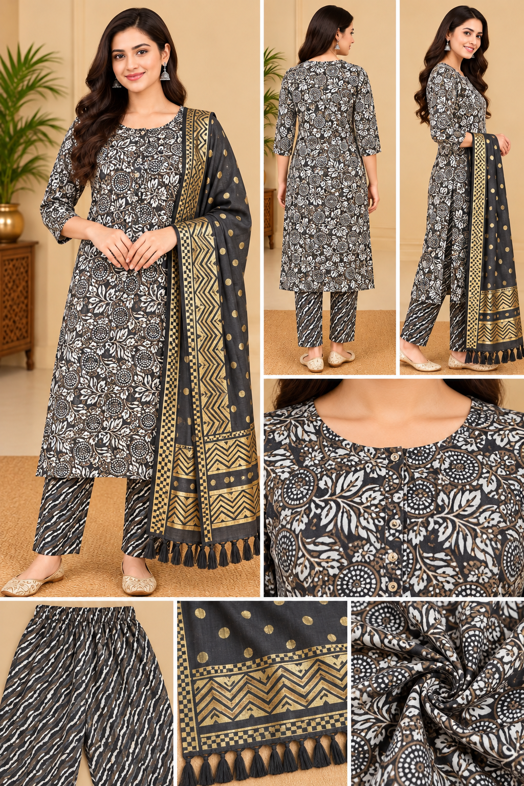 Women's Black & White Floral Printed Kurta Pant Set with Black & Gold Dupatta