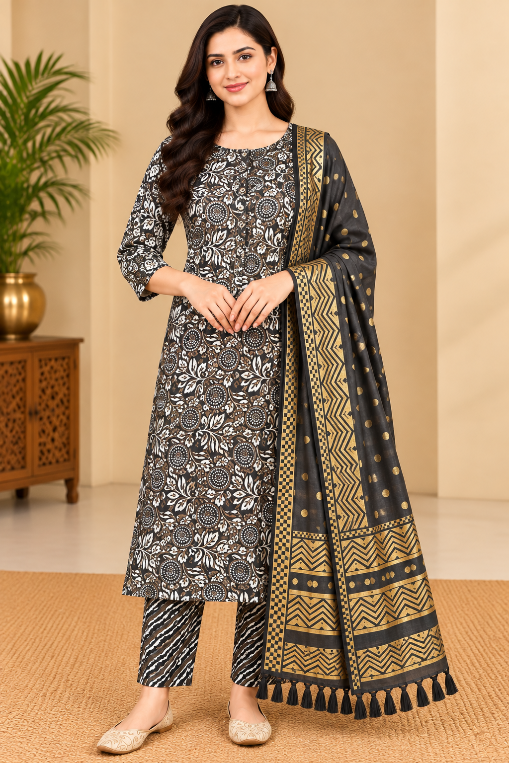 Women's Black & White Floral Printed Kurta Pant Set with Black & Gold Dupatta image 2