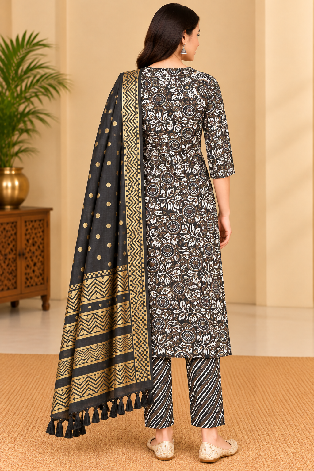 Women's Black & White Floral Printed Kurta Pant Set with Black & Gold Dupatta image 3
