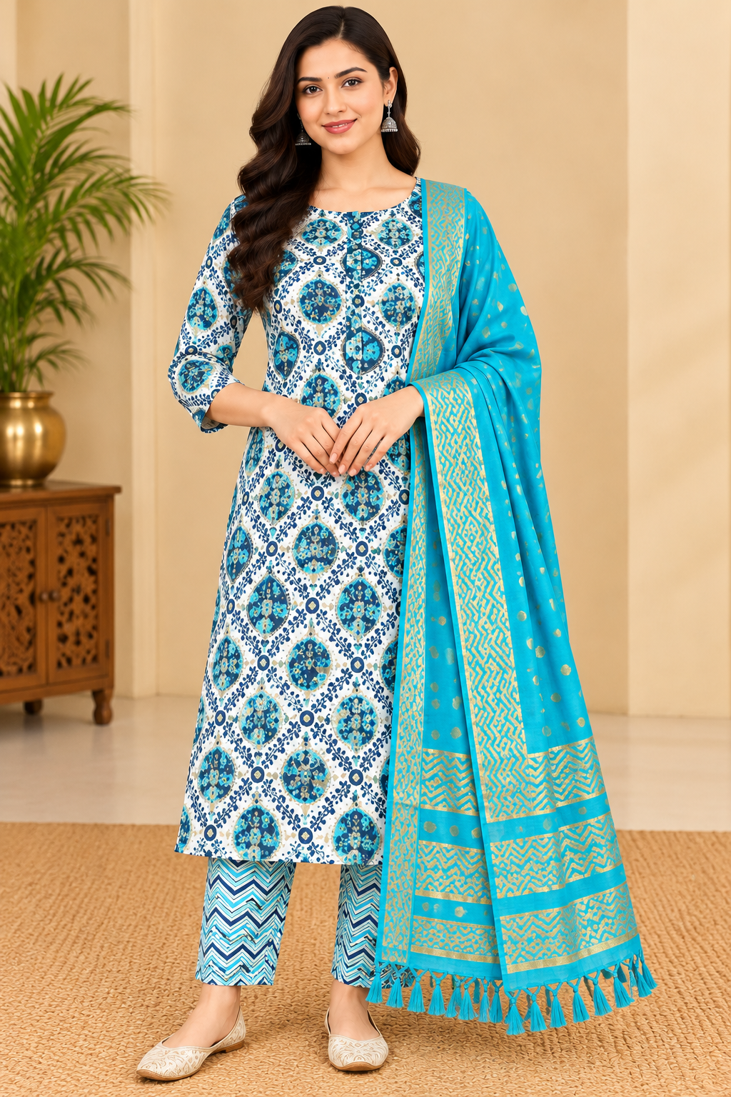 Women's Sky Blue & Turquoise Floral Printed Kurta Pant Set with Golden Zari Dupatta image 2